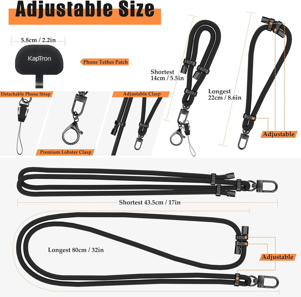 Kaptron Universal Phone Lanyard with Wrist Strap, Adjustable Crossbody Cell Phone Lanyard Neck Strap and Wristlet Strap with 2 Lobster Clips, Phone Tether Patches and Phone Straps (Black, 2 Pack)