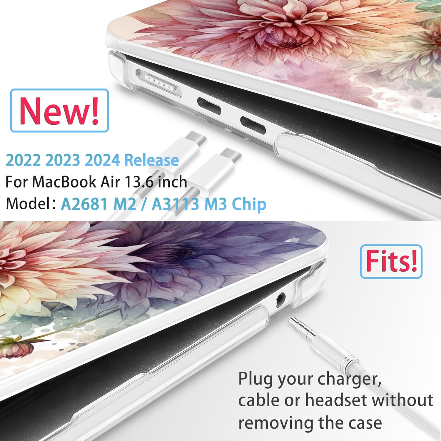 Mektron for 2025 M4 MacBook Air 13.6 Inch A3240 Case Fits 2023 A2681 M2 2024 A3113 M3 Chip with Liquid Retina Display, Printed Plastic Hard Shell Cover for MacBook Air 13.6", Watercolor Dahlias