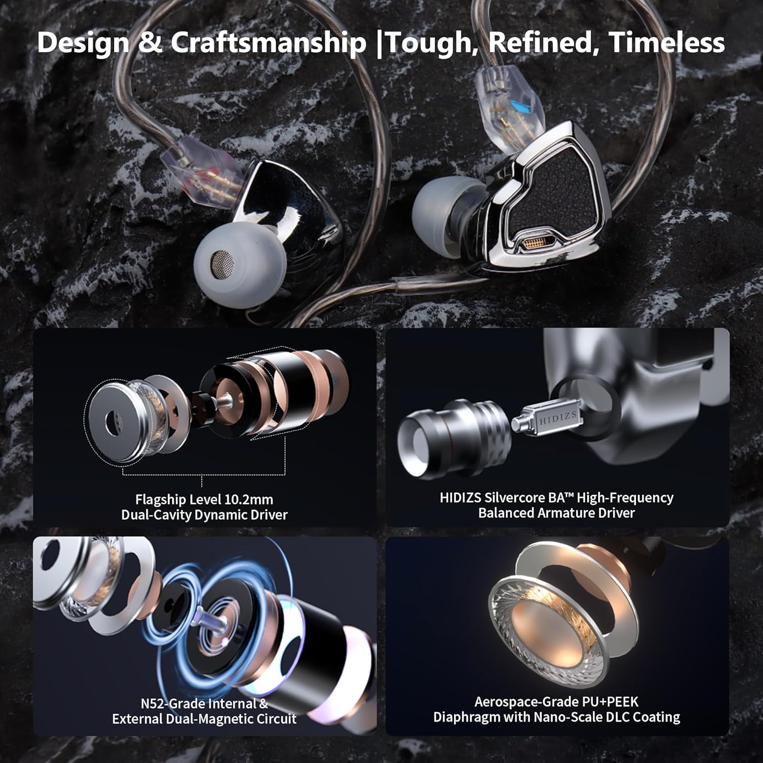 MS2 PRO in-Ear Monitor, 10.2mm Dual-Magnetic Drivers 1DD+1BA Hybird IEMs Wired Earbuds, Zinc Alloy Integrated Molding, Pneumatic Filters for Audiophile Musicians, Detachable 4.4mm OFC Cable