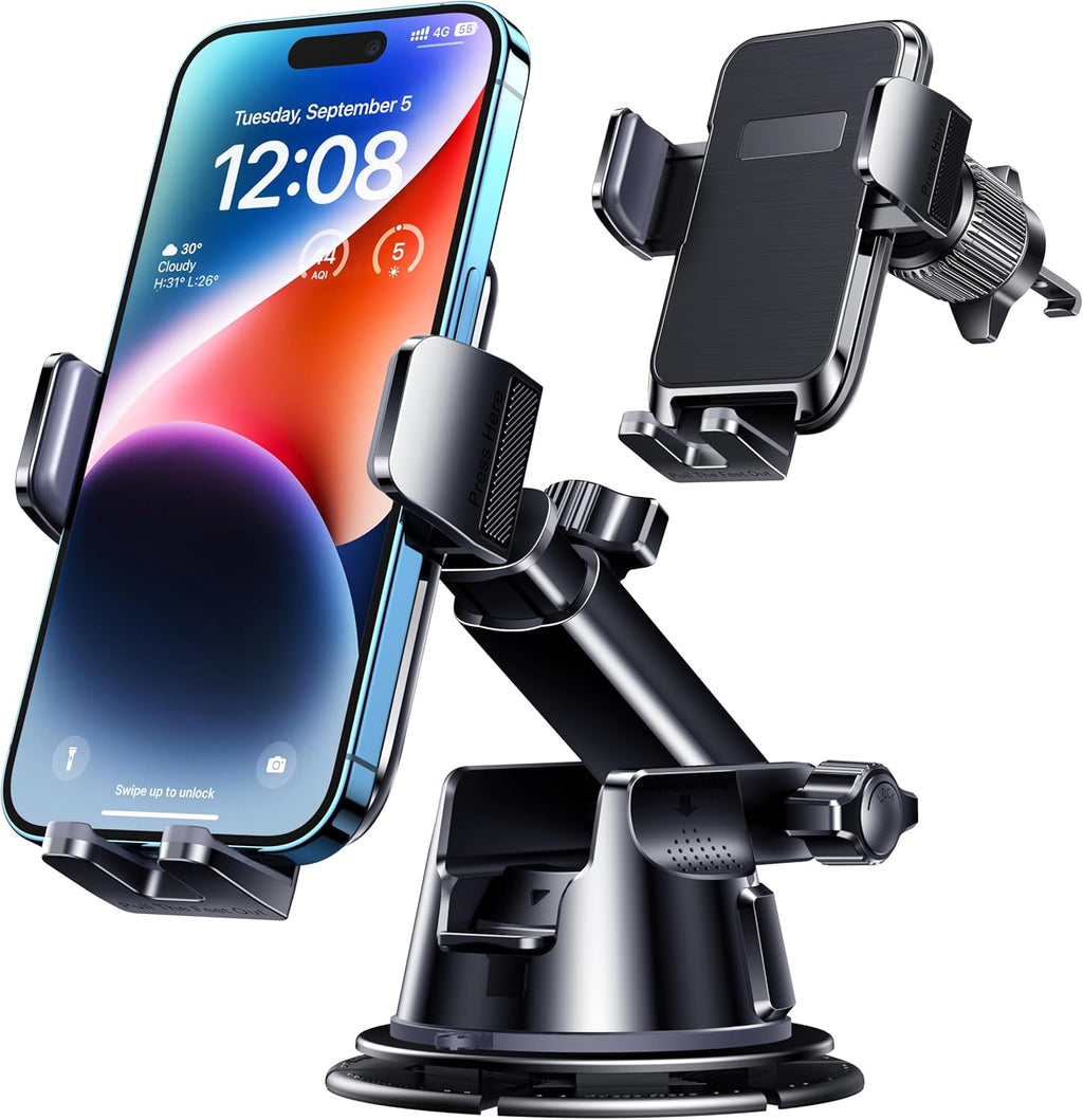 Car Phone Holder Mount, [Military-Grade Suction & Super Sturdy Base] 3 in 1 Universal Phone Mount for Car Dashboard Windshield Air Vent Car Mount for iPhone Android Smartphone GPS Navigator