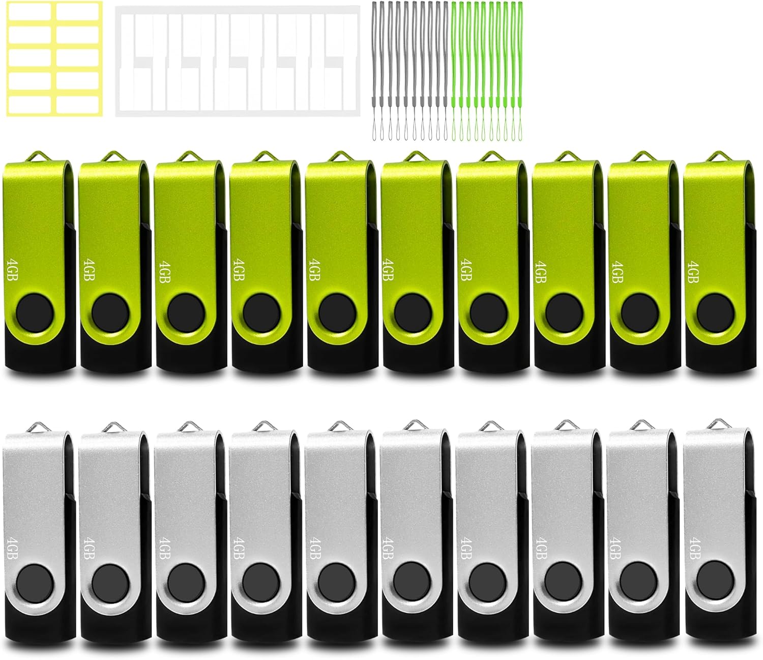 Thumb Drive 4GB FAT32 USB Flash Drives 20 Pack 4 GB USB 2.0 Jump Drives Multipack Flash Memory Stick Zip Drive Pendrive 20Pack with 20PCS Lanyards Label (Green Sliver 4gig)