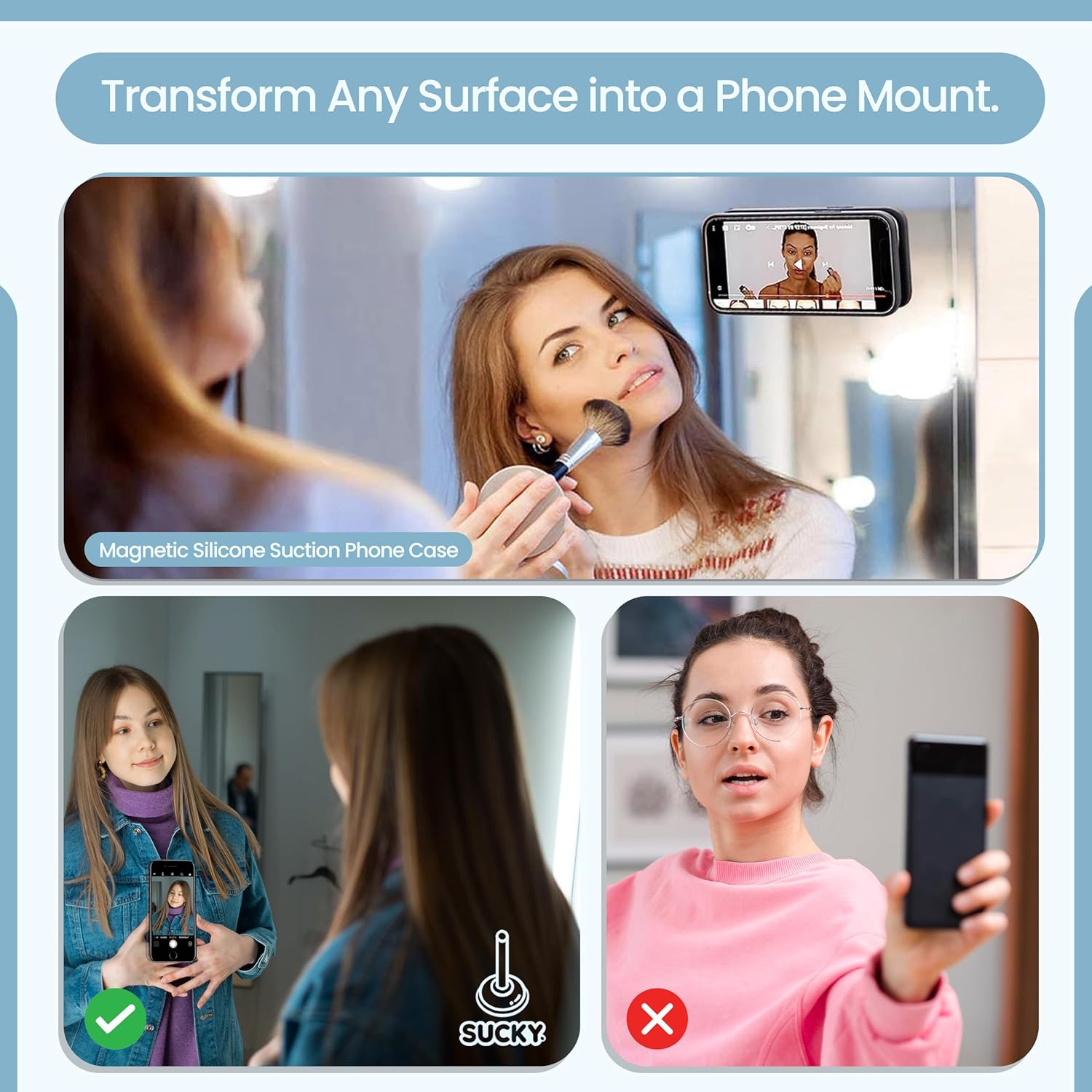 SUCKY Magnetic Suction Cell Phone Grip for MagSafe Case, Silicone Octo Cup Buddy Holder, Hands-Free Removable Mount, Durable Magnet Phone Accessory for iPhone and Android - Baby Blue