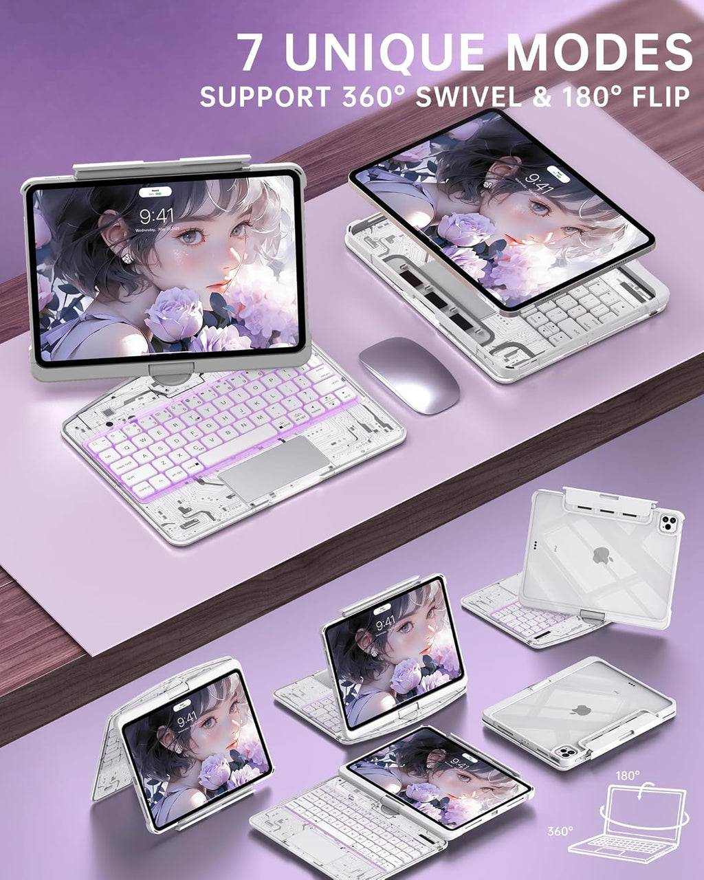Intermerge Clear Keyboard Case for iPad Pro 11" (M4) 2024 Only, 360° Swivel Multi-Touch Trackpad, 7-Color RGB Backlit, Pencil Holder, Type-C, Power Indicator, Frost Pulse