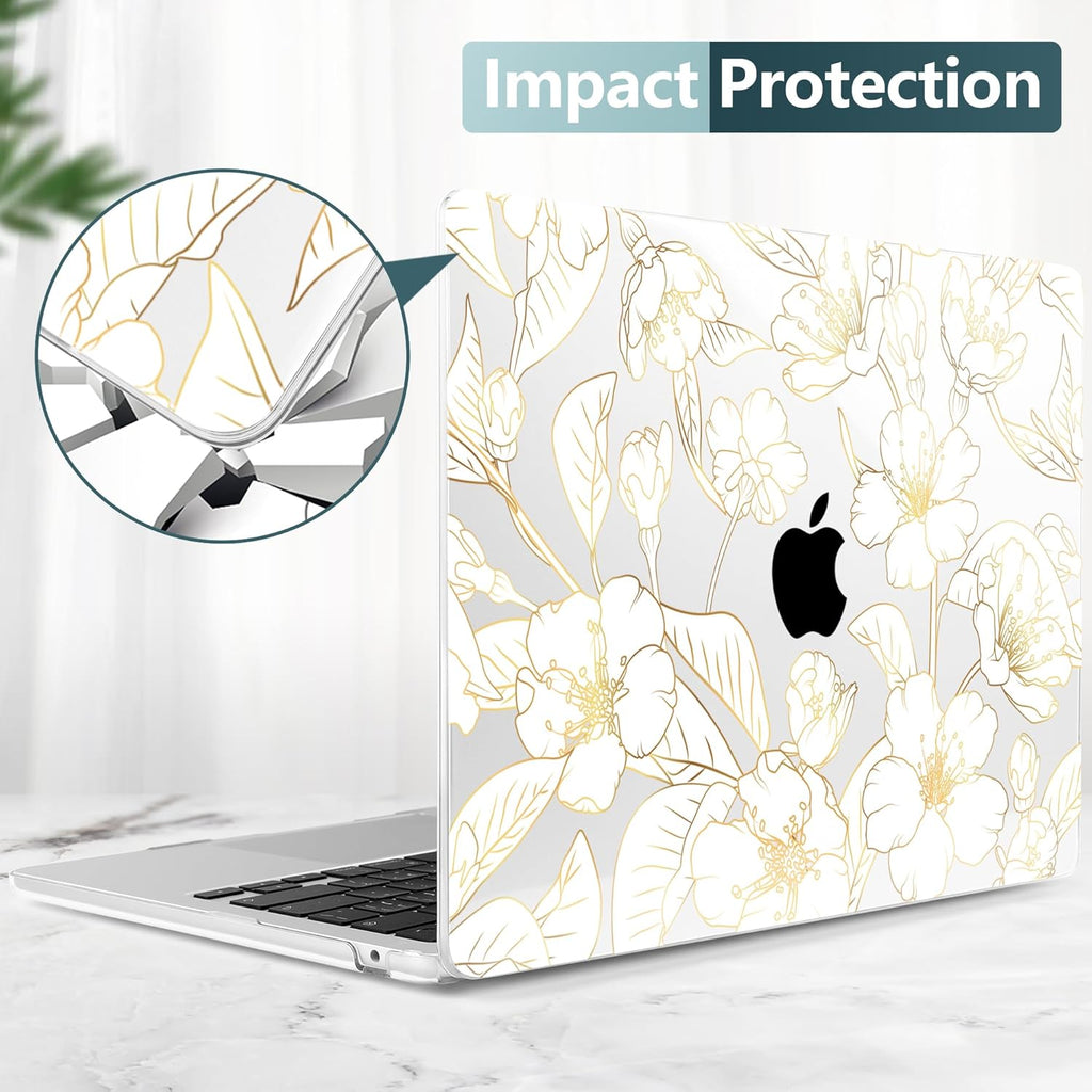TWOLSKOO Compatible with M4 MacBook Air 13.6 inch Case 2025-2022 Release M4 A3240 M3 A3113 M2 A2681, Plastic Hard Shell & Keyboard Cover & Type C Adapter & Screen Protector, Gold Cherry Blossom