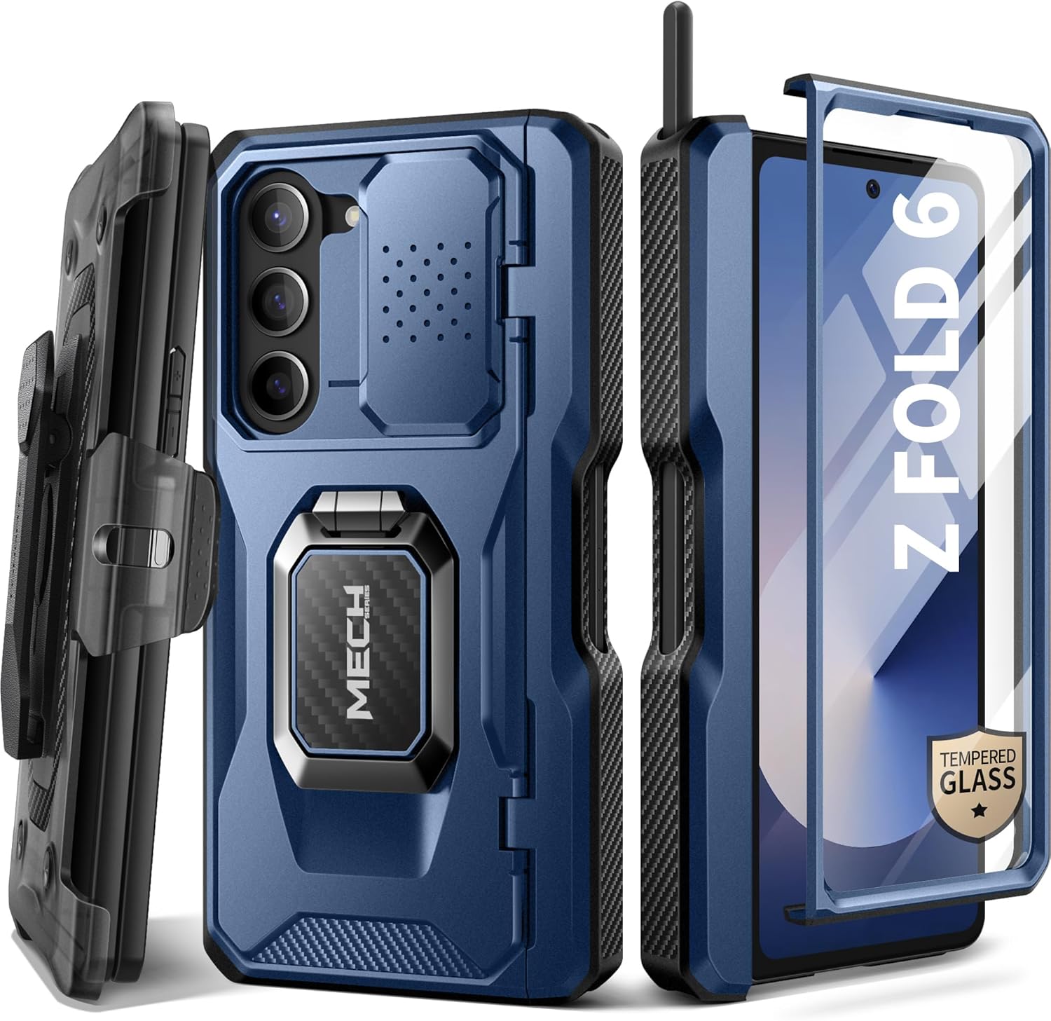 TONGATE for Z Fold 6 Case with Ring Stand, Built-in S Pen Holder & Glass Screen Protector Shockproof Rugged Z6 Phone Case with Slide Camera Cover & Belt Clip for Samsung Galaxy Z Fold 6 2024, Blue