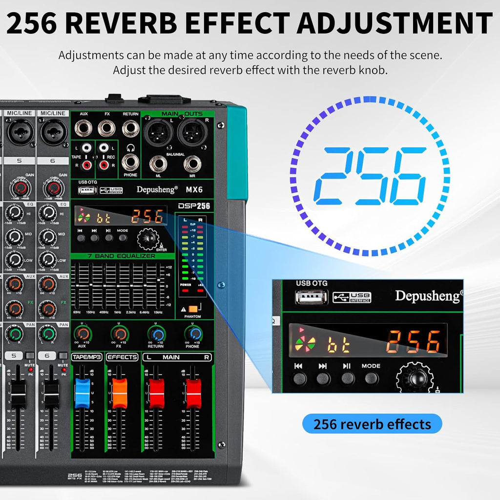 Depusheng MX6 6 Channel Sound Mixer Audio Mixing Console 48V 256DSP Professional USB PC Play Record Podcast Live Broadcast (US MX6)