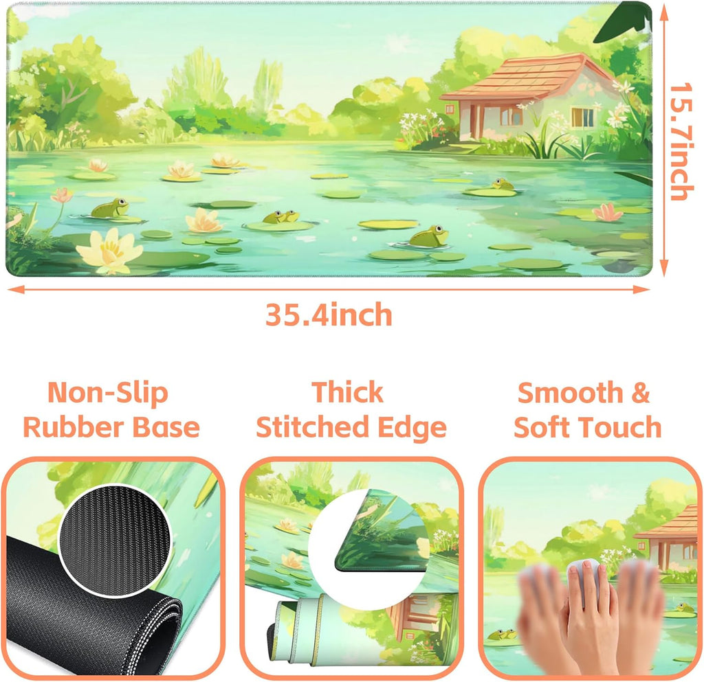 Mouse Pad Large Frog in The Water Non-Slip Game Desk Mat with Stitched Edge Laptop Keyboard Desk Pad for Work Home Gaming (35.4 x 15.7 Inches)