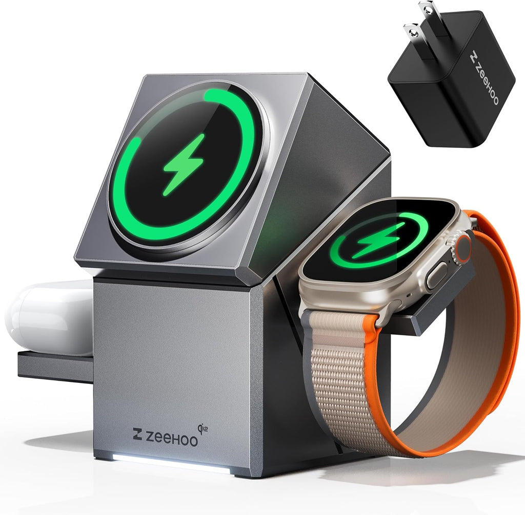 ZEEHOO 3 in 1 Charging Station for Apple, iPhone Mag-Safe Charger, Qi2 Certified, Rotating Wireless Charger Stand for iPhone 16,15,14,13,12 Series, Apple Watch, AirPods (USB-C Charger Included)