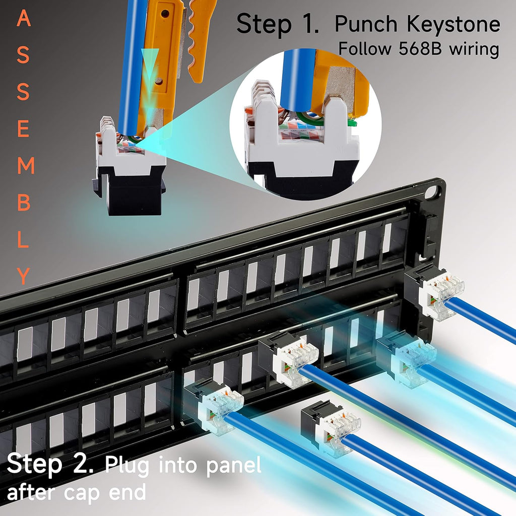 Cat6 Patch Panel 48 Port with Keystone, RJ45 Network Panel 19 Inch, Punch Down Keystone Ethernet Patch Panel with Back Bar