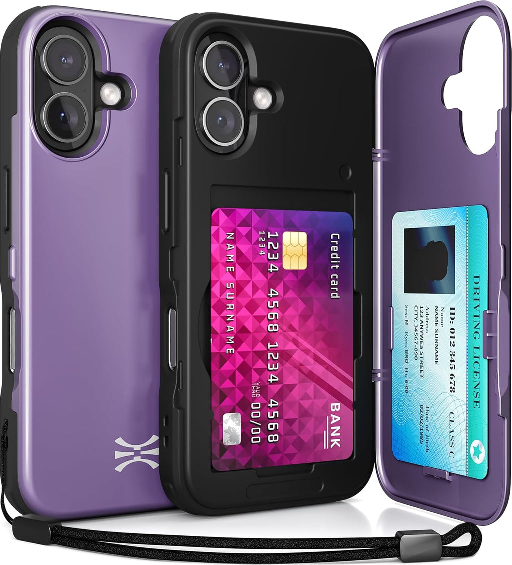 TORU CX Slim for iPhone 16 Case Wallet | Protective Shockproof Heavy Duty Cover with Hidden Card Holder & Card Slot | Mirror & Wrist Strap Included - Purple