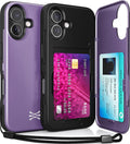 TORU CX Slim for iPhone 16 Case Wallet | Protective Shockproof Heavy Duty Cover with Hidden Card Holder & Card Slot | Mirror & Wrist Strap Included - Purple