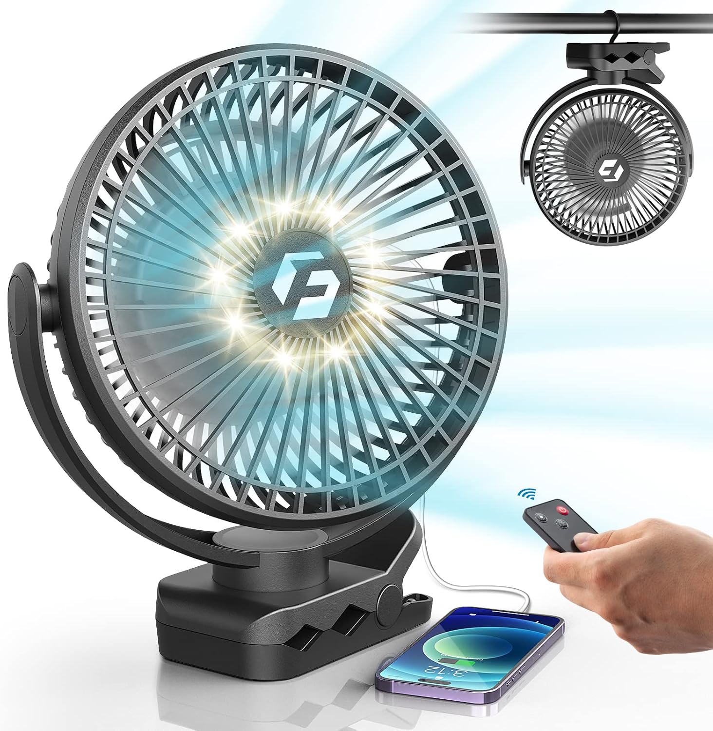8-inch Clip-on Fan - 12000mAh Portable Rechargeable Battery With 3 Speeds and Strong Airflow, USB Small Desk Personal Quiet for Office, Stroller, Bedroom and Camping