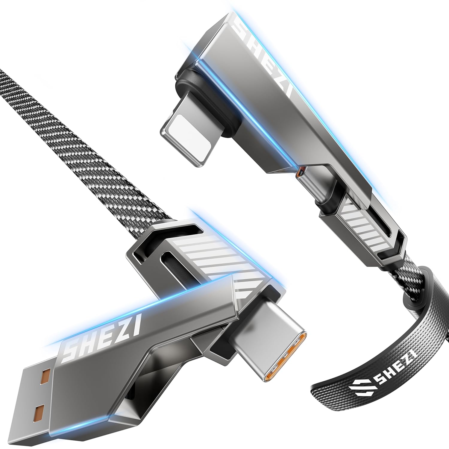 SHEZI 4-in-1 USB C Cable 5FT 90 Degree Fast Charging [480Mbps Data Sync] Flat Nylon Braided Charger Cord Combo, USB A/C to C/L Multi Charging Cable for iPhone 16/15/Samsung & Most Devices, Grey