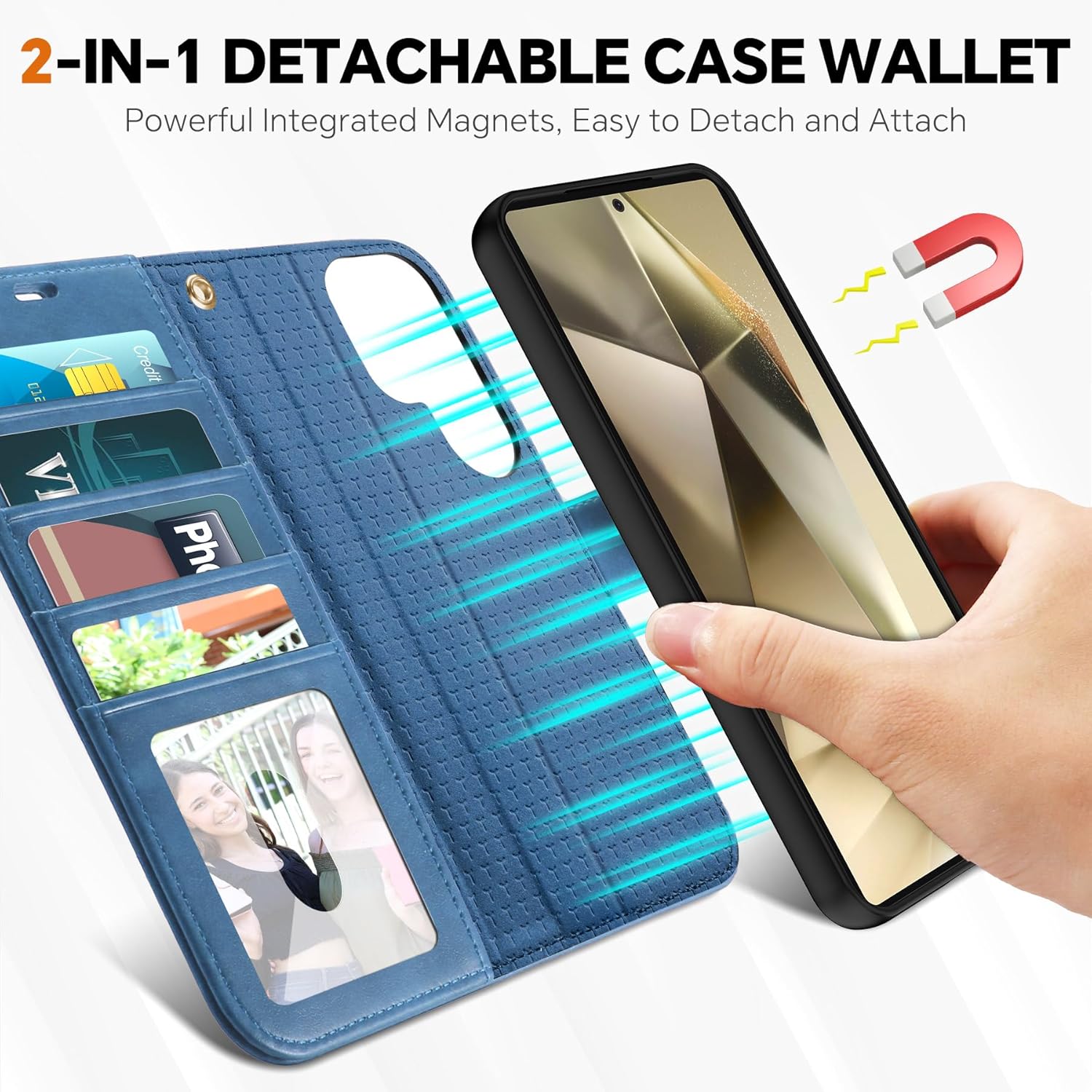 TUCCH Case Wallet for Galaxy S25 Ultra, Removable [Wireless Charging] Wrist Strap PU Leather Magnetic Stand RFID Blocking 4 Card Slots Detachable Protective Folio for Galaxy S25 Ultra 6.9", Light Blue