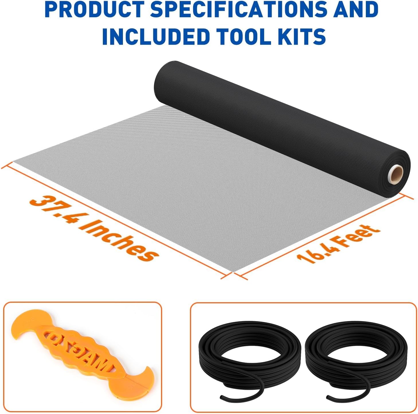 MAGZO Window Screen Replacement Mesh Roll, 37.4in × 16.4ft Heavy Duty Upgraded Polyester Mesh for Screen Door Repair Kit, Ventilated & Durable, Ideal for Sliding Patio Porch Doors & DIY Projects