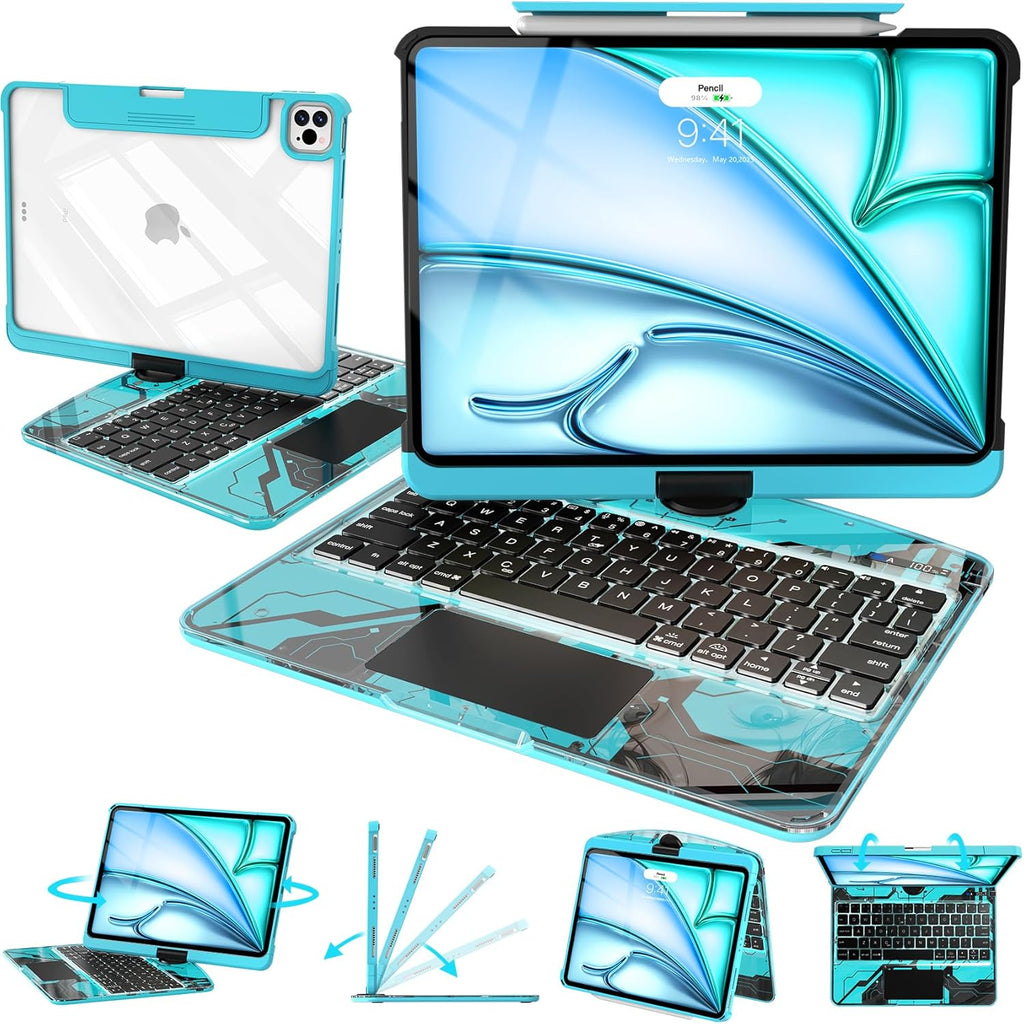 Intermerge Clear Keyboard Case for iPad Air 11" (M3/M2, 2025/2024), Air 5th/4th, Pro 11" 2022-2018, 360° Swivel Multi-Touch Trackpad, 7-Color Backlit, Pencil Holder, Type-C, Aqua Pulse