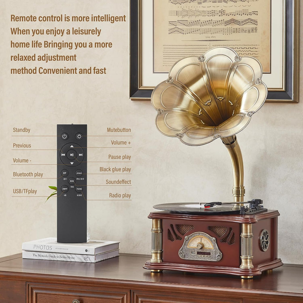 Vintage Gramophone with Bluetooth Output Vintage Record Players Retro Gramophone Turntables for 7" 9" 12" Vinyl Records 3 Speed, Hi-Fi, Handcrafted by Pure Oak (Walnut)