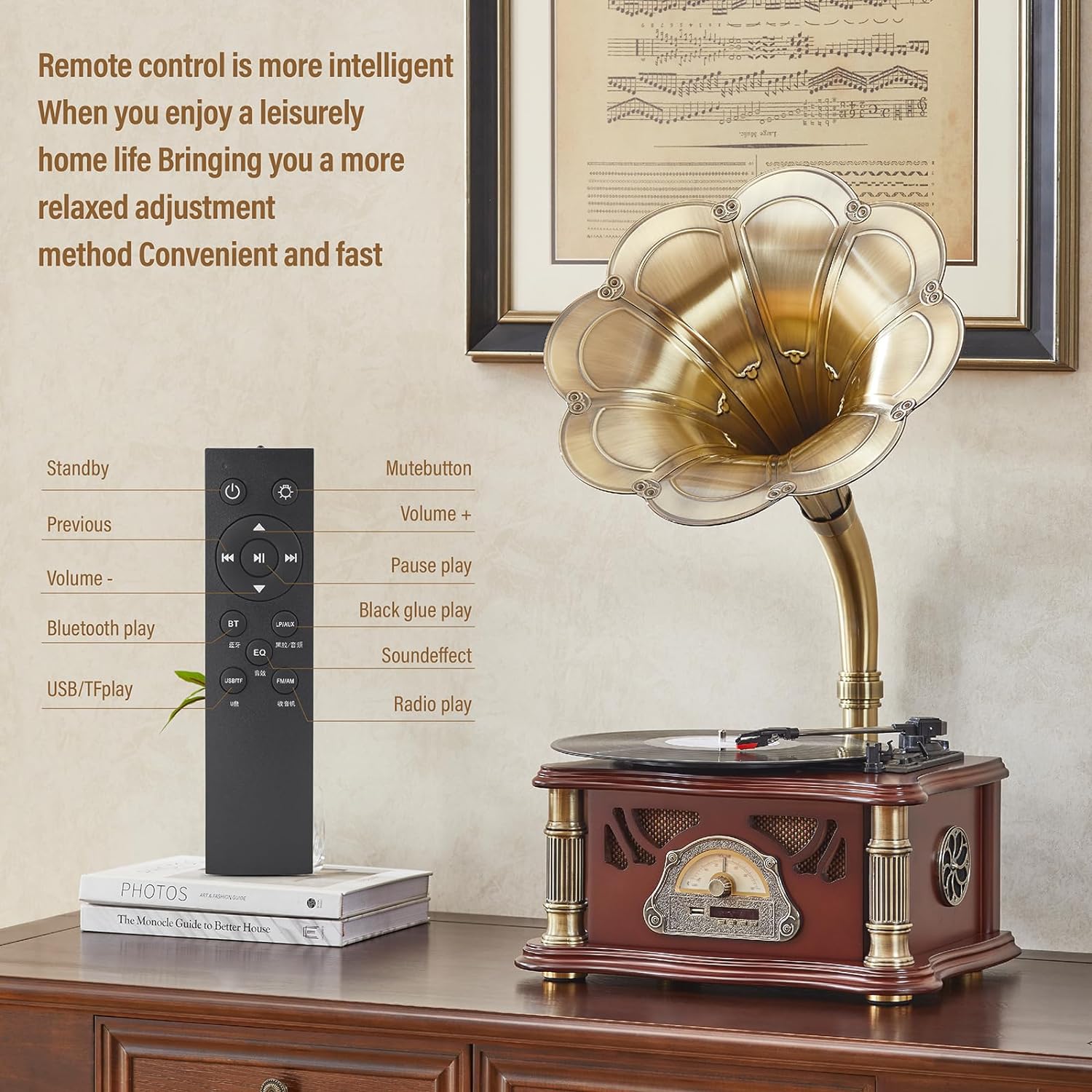 Vintage Gramophone with Bluetooth Output Vintage Record Players Retro Gramophone Turntables for 7" 9" 12" Vinyl Records 3 Speed, Hi-Fi, Handcrafted by Pure Oak (Walnut)