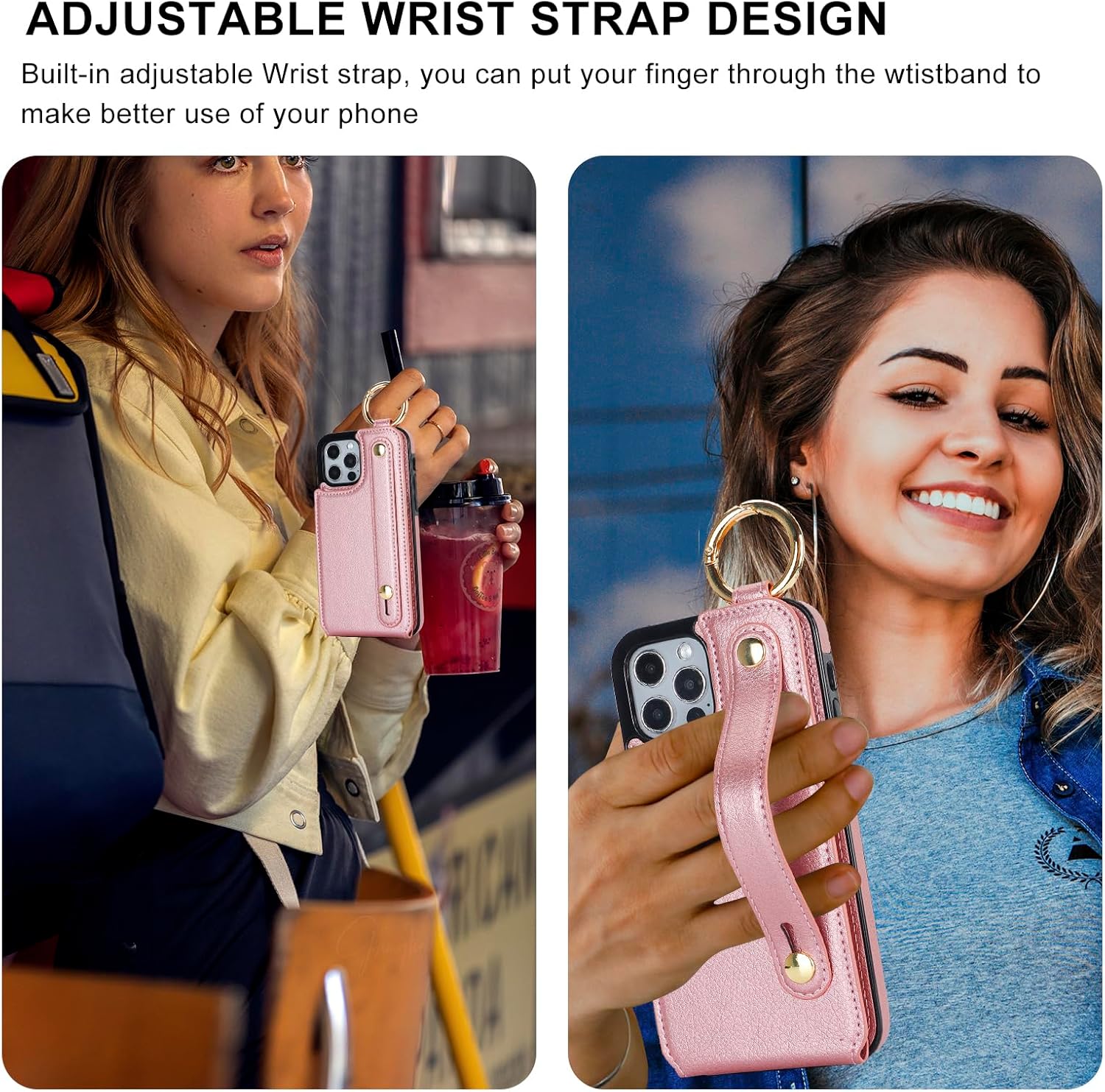 Folosu for iPhone 12/12 Pro Wallet Case with Card Holder, Hand Wrist Strap Loop Holder Kickstand, RFID Blocking Finger Grip Ring PU Leather Double Buttons Shockproof Cover 6.1" Rosegold