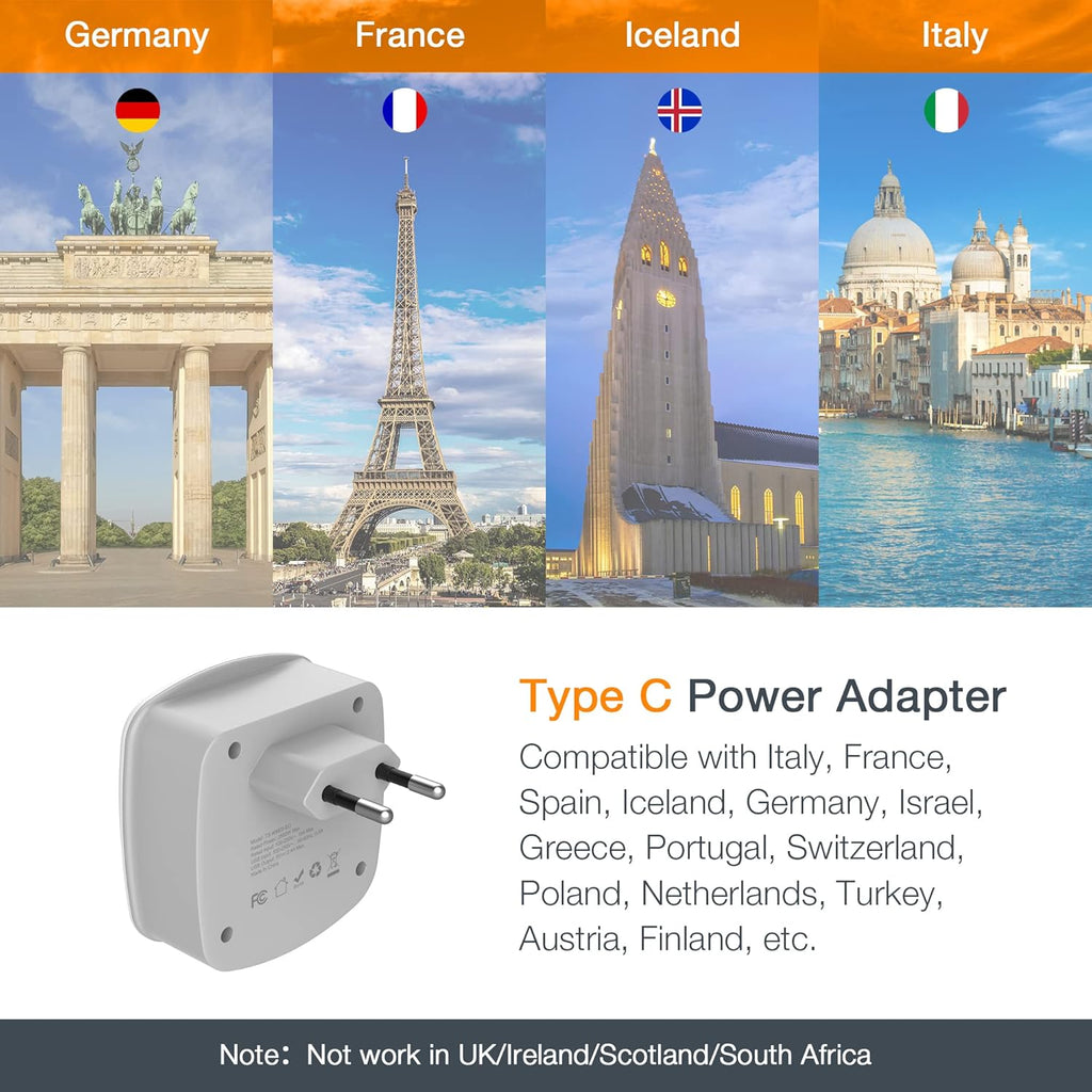 European Travel Plug Adapter Converter, TESSAN International Power Plug Converter with 2 USB, Type C Outlet Adaptor Charger for US to Most of Europe EU Iceland Spain Italy France Germany