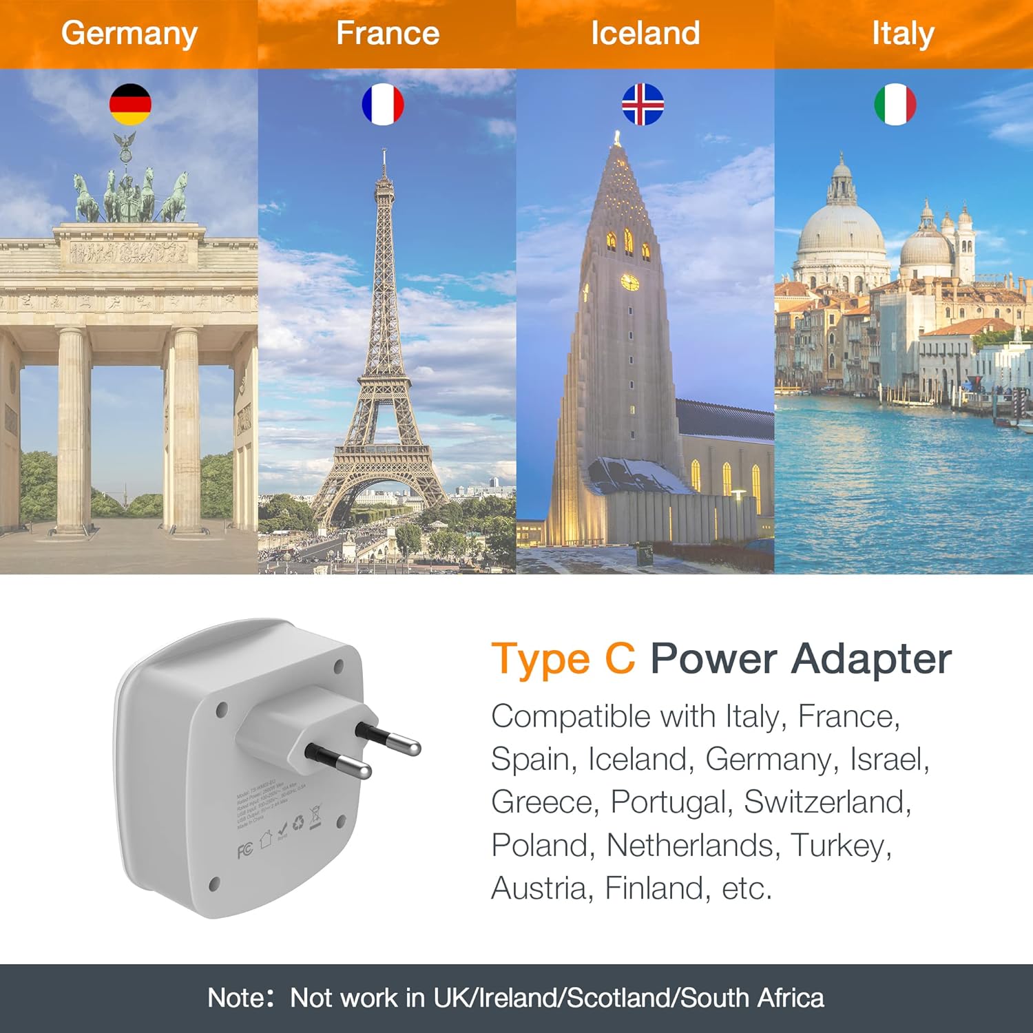 European Travel Plug Adapter Converter, TESSAN International Power Plug Converter with 2 USB, Type C Outlet Adaptor Charger for US to Most of Europe EU Iceland Spain Italy France Germany