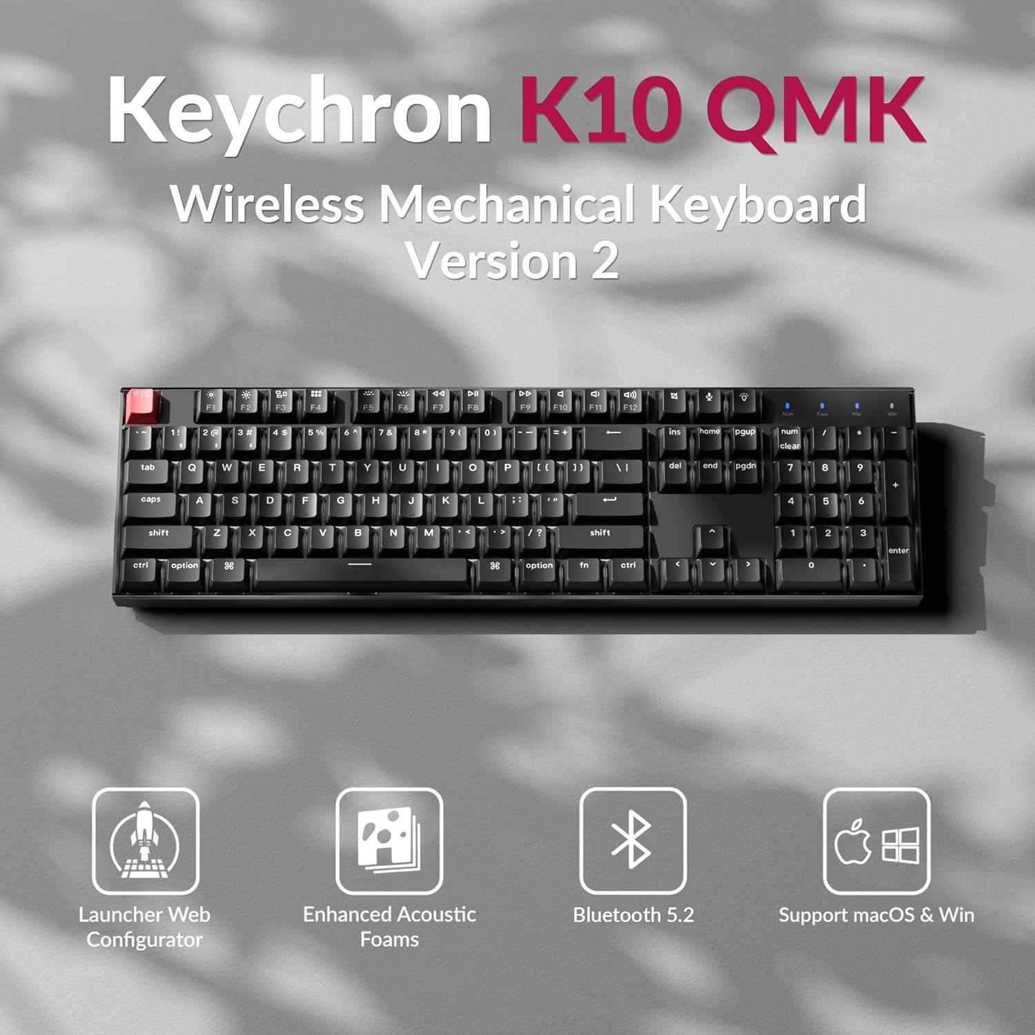 Keychron K10 Full Size Layout White LED Backlit Hot-Swappable Mechanical Keyboard for Mac Windows, 104-Key Bluetooth Wireless/USB Wired Computer Keyboard with Keychron Super Red Switch(Version 2)