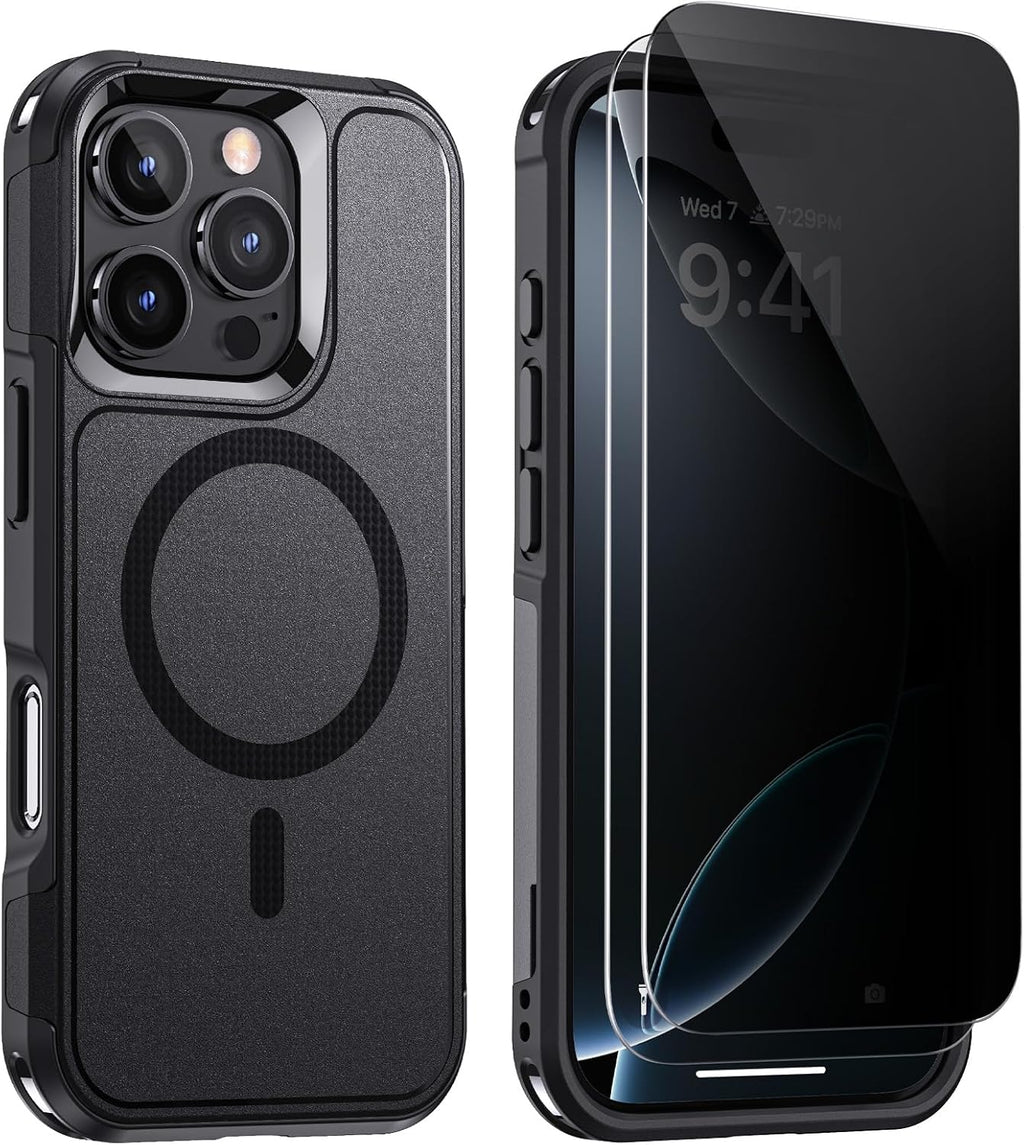 Lanhiem Magnetic for iPhone 16 Pro Max Case, with [2 Pcs Privacy Screen Protector] [Compatible with MagSafe] Shockproof Heavy Duty Military Protective Phone Case Cover for iPhone 16 Pro Max (Black)