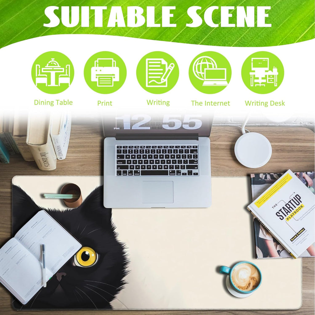Desk Pad,Black Cat Desk Mat,Cute Cat Large Gaming Mouse Pad for Desk,Extended Big Computer Keyboard Mouse Pad with Non-Slip Base and Stitched Edge,35.4"x15.7"