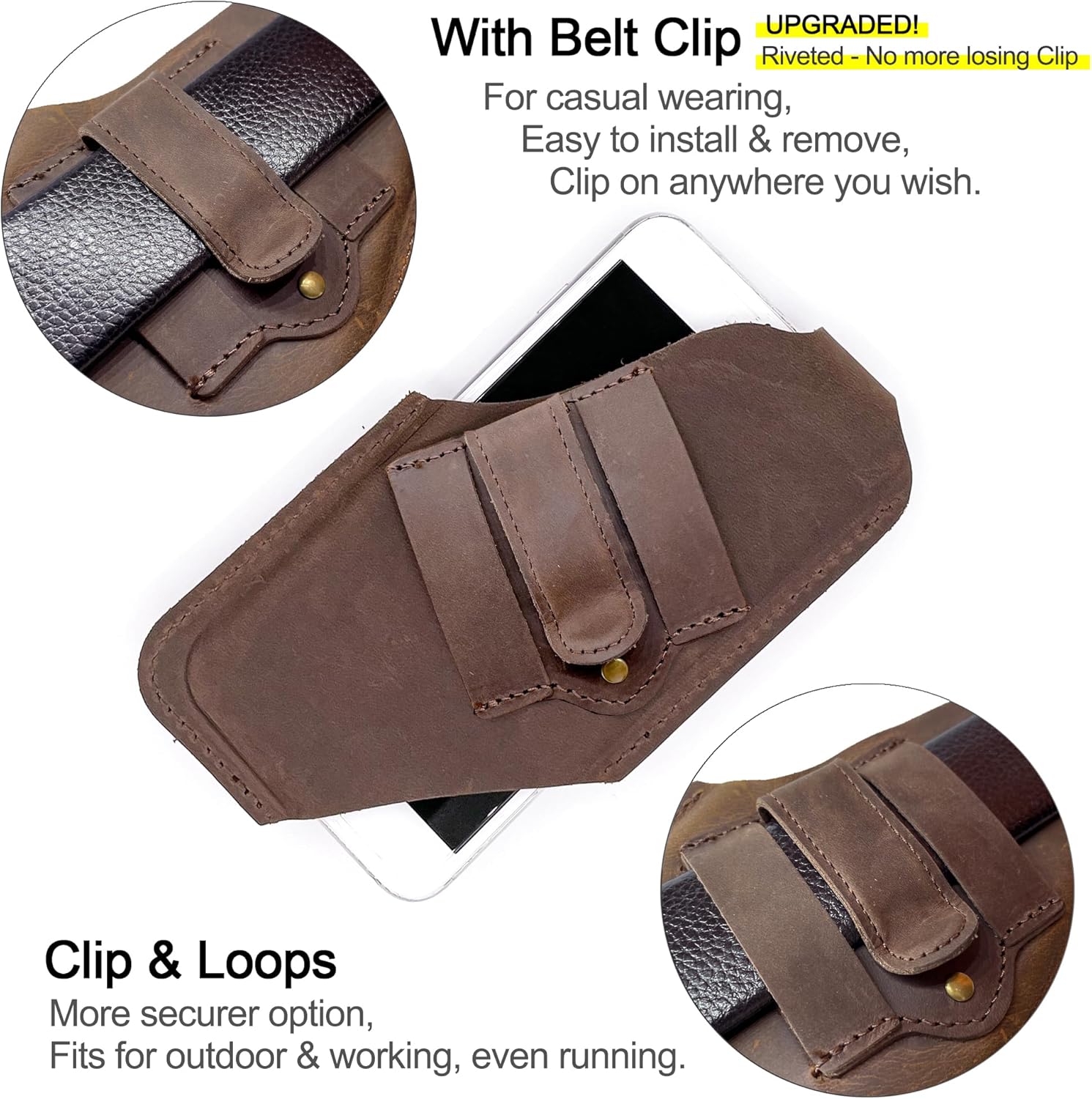 TobbinGear Leather Cell Phone Holster with Belt Clip, Leather Belt Pouch, Universal Phone Case on Belt for Men, Phone Holder for Smartphone, Left Handed, Dark Brown, Large