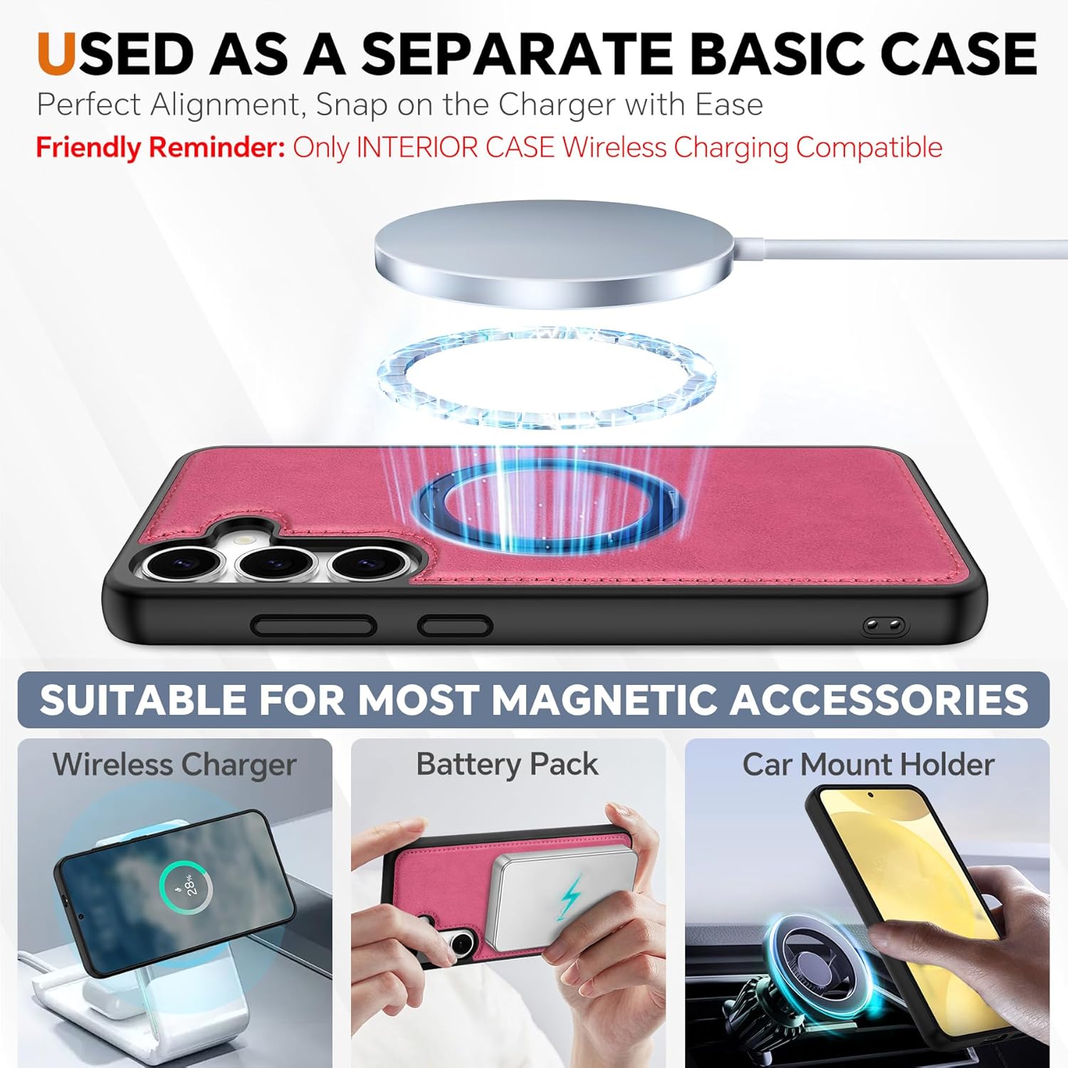 TUCCH Case for Galaxy S25 Plus, [Detachable] 2 in 1 Magnetic PU Leather Wallet Case Wrist Strap RFID Blocking Wireless Charging 4 Card Holder Stand Removable Folio Cover for Galaxy S25 Plus, Hot Pink