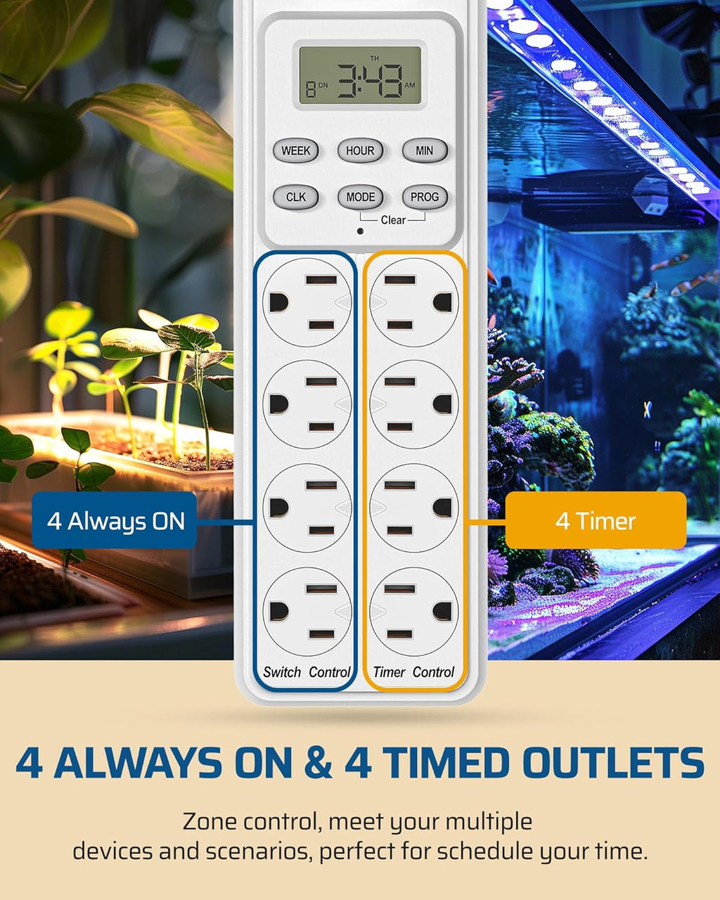 DEWENWILS 8 Outlet Power Strip with Timer (4 Timed/4 Always On), Indoor Digital Timer Outlet for Reptile Light, Turtle Grow Light, Bearded Dragon Tank, Aquarium, 6ft Flat Plug Cord, 15A, UL Listed