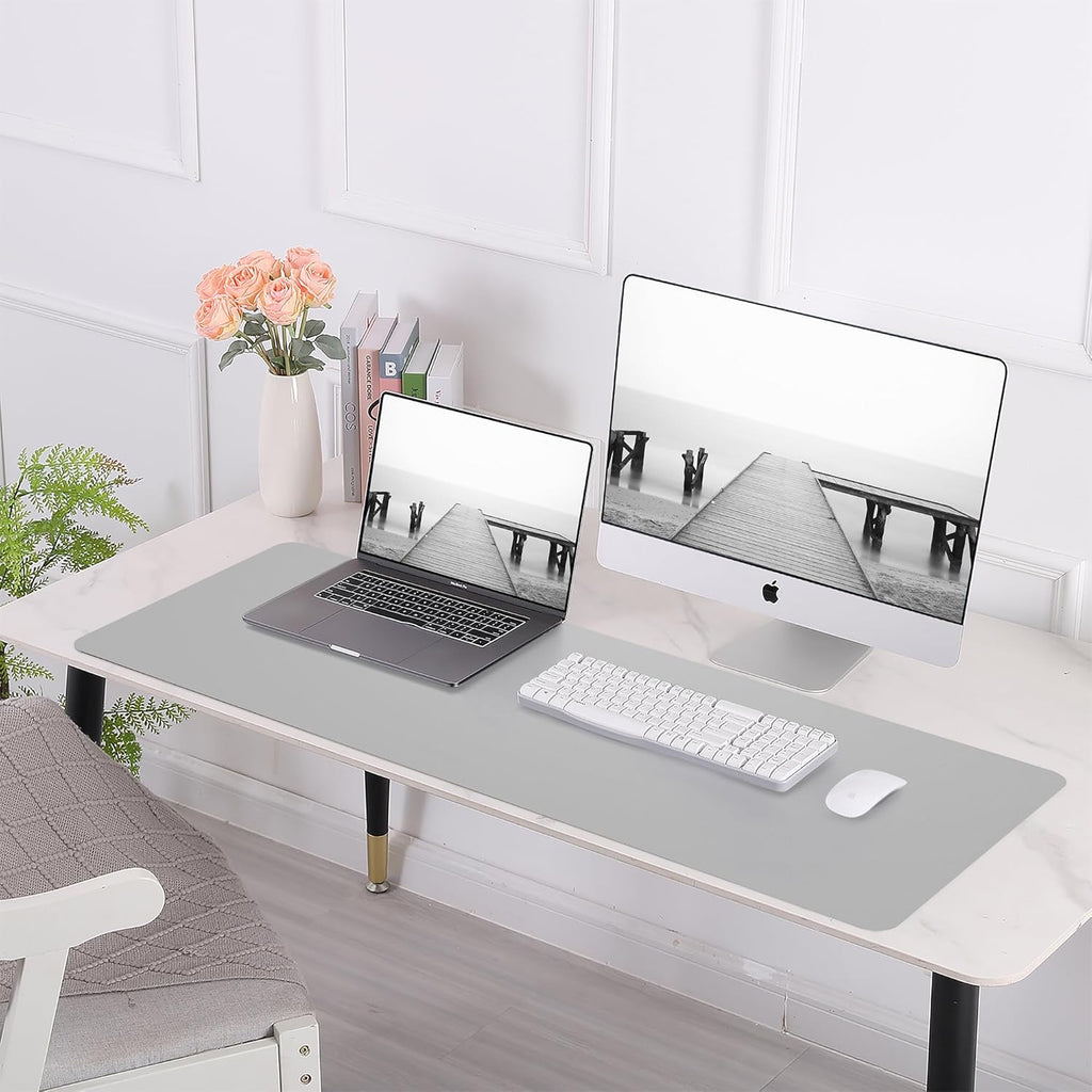 Leather Desk Protector, 47in*23.7in Large Mat with Natural Cork & PU Leather, Mouse Pad, Non-Slip Office Mat, Waterproof Writing Pad for Office and Home (Light Grey)