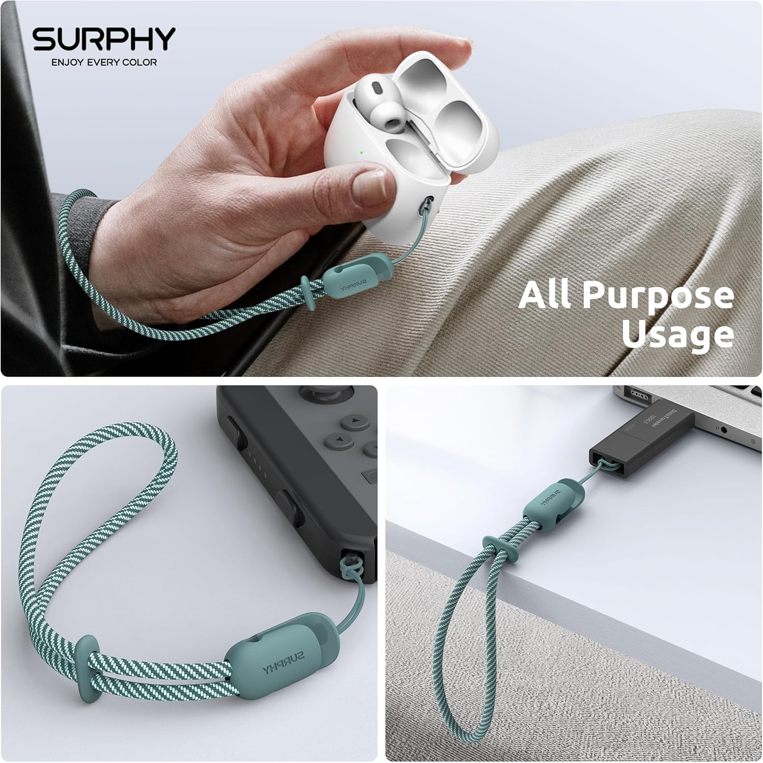 SURPHY 2 Pack Phone Lanyard for Cellphone Case, Phone Wrist Strap for Case, Cellphone Strap with 2-Color Braided, Charm Wrist Lanyard for Women and Men, Green & Gray