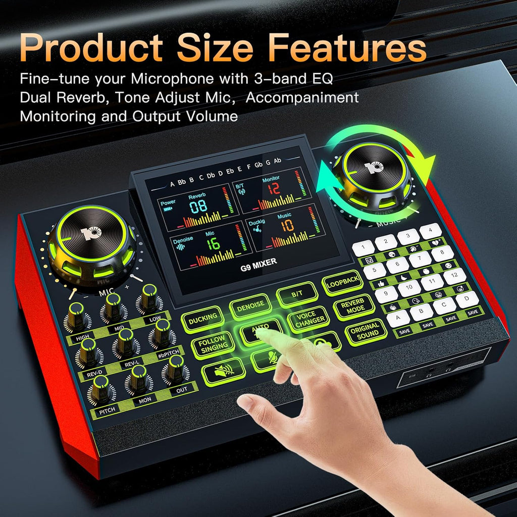 Audio mixer, suitable for live streaming, singing, and gaming on computer/phone; soundboard for 3.5mm condenser microphone; podcast mixer with live sound card, noise reduction, and one-touch mute
