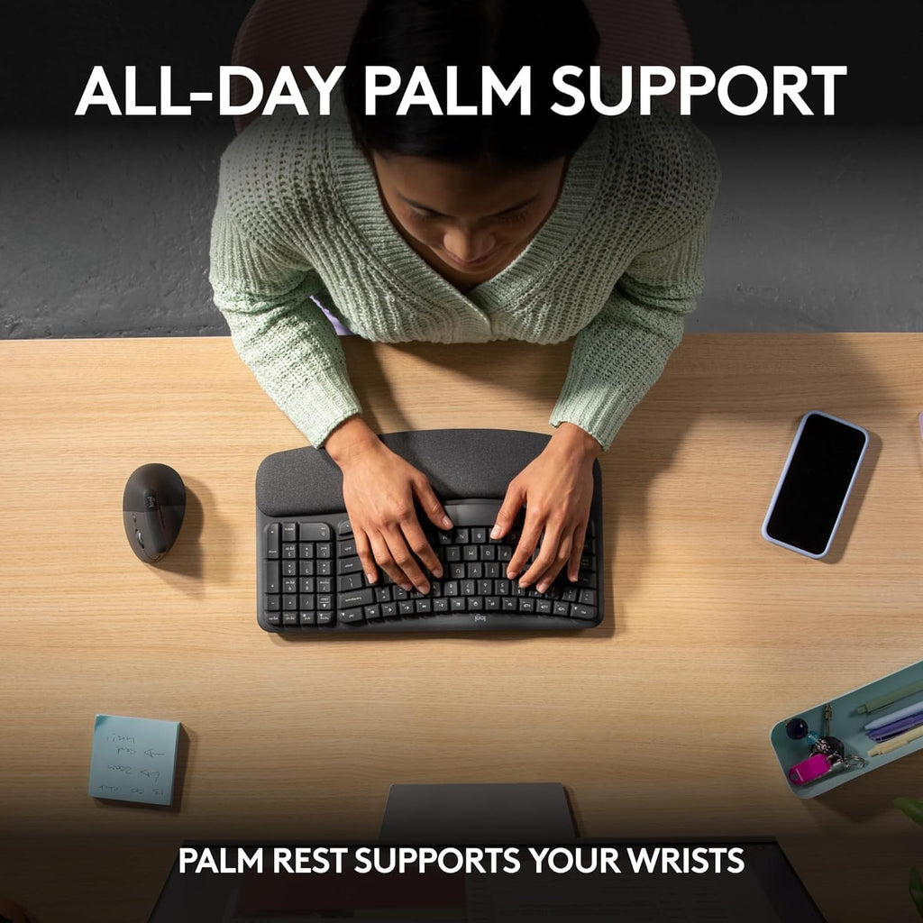 Logitech Wave Keys Wireless Ergonomic Keyboard with Cushioned Palm Rest, Comfortable Natural Typing, Easy-Switch, Bluetooth, Logi Bolt Receiver, for Multi-OS, Windows/Mac - Graphite