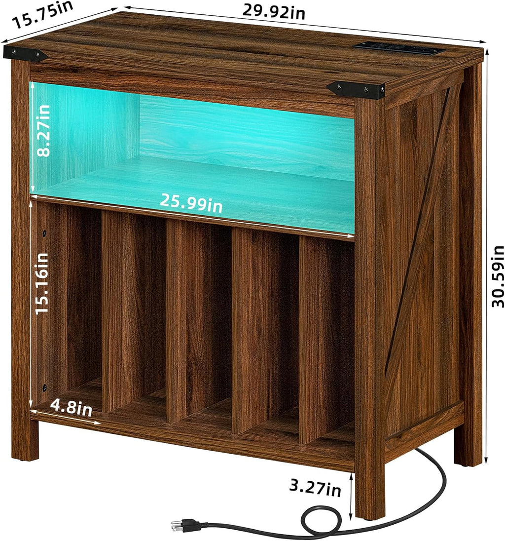 Large Record Player Stand with Charging Station & LED Lights, Vinyl Records Storage Holder Cabinet Holds up to 230 Albums, Turntable Stand for Music Room, Bedroom, Living Room, Office (Brown)