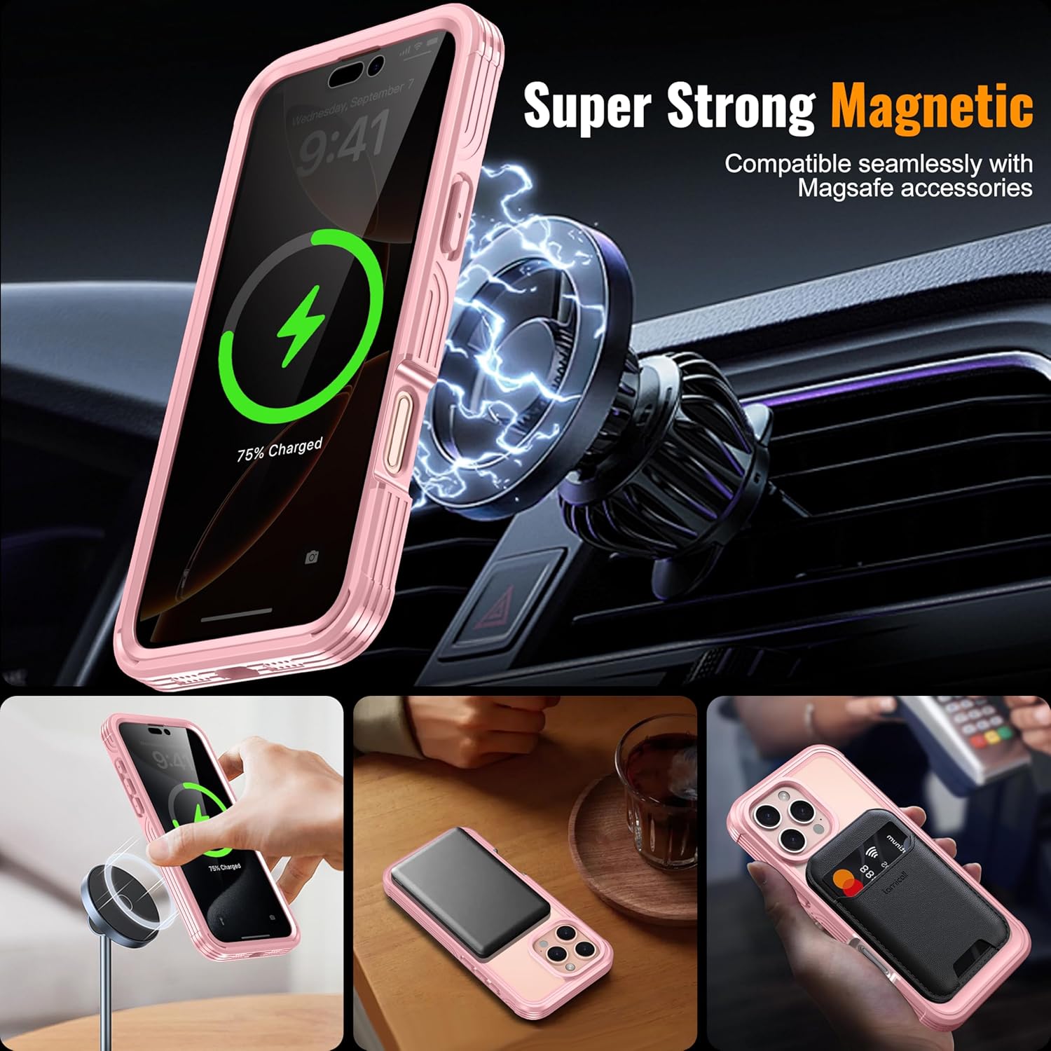 Magnetic & Stand for iPhone 16 Pro Max Case Built-in Privacy Screen Protector[360° Full Body Protection][Fit for Magsafe][Lens Protector] Heavy Duty Shockproof Case for iPhone 16 Pro Max Pink