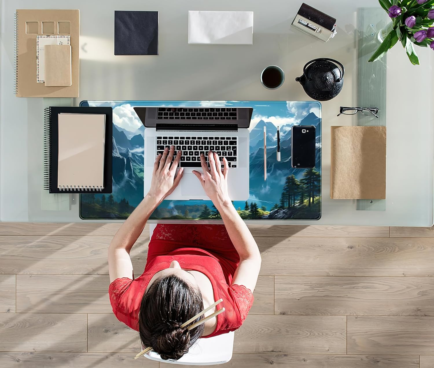 Aesthetic Mountain Vista Desk Mat, Blue Natural Wonder XXL Large Extended Gaming Mouse Pad Mat Non-Slip Mousepad, Computer Keyboard and Mouse Mat, Desk Pad with Stitched Edges, 31.5x15.75 in