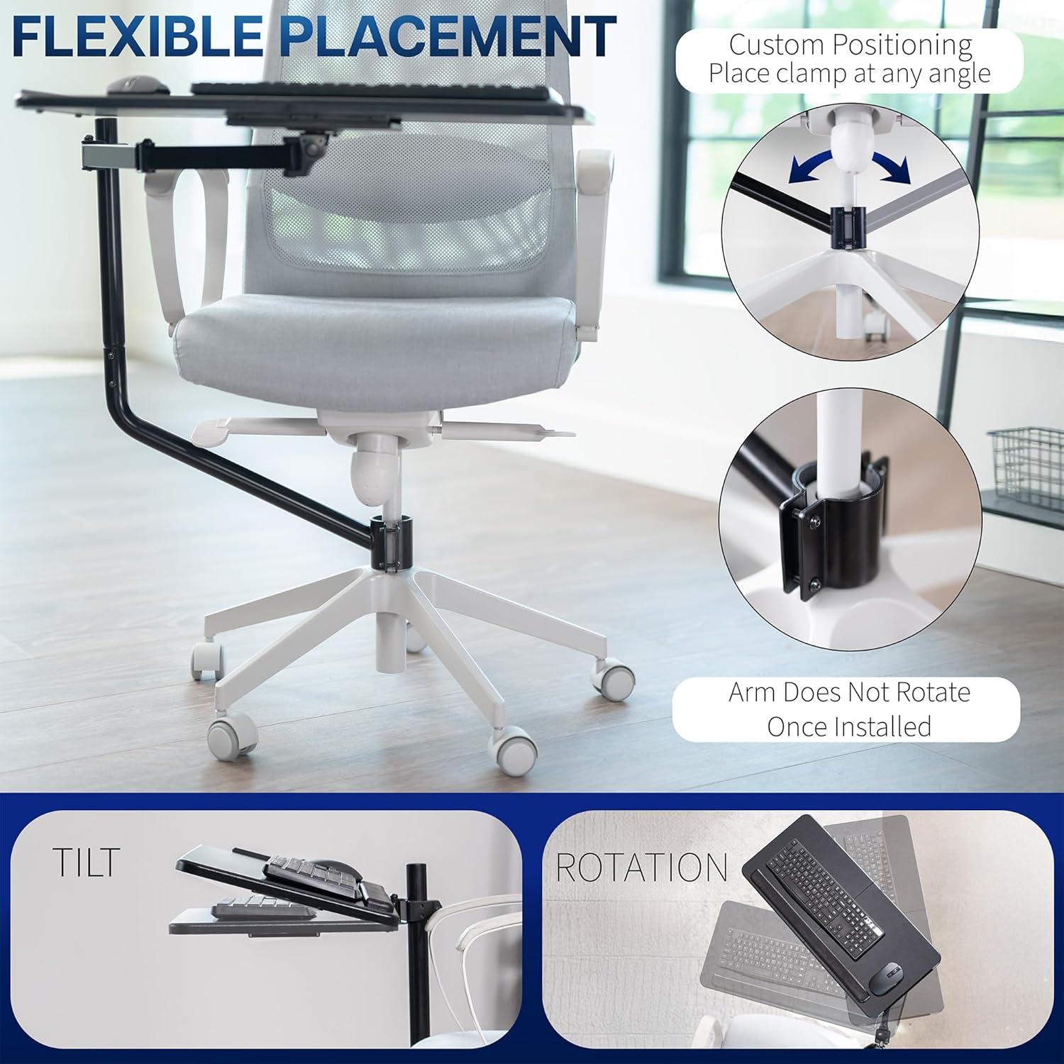 VIVO Office Chair Mounted 26 x 12 Inch Keyboard and Mouse Tray, Ergonomic Tilt, Full Motion 360 Degree Rotation, Black, MOUNT-KB08C