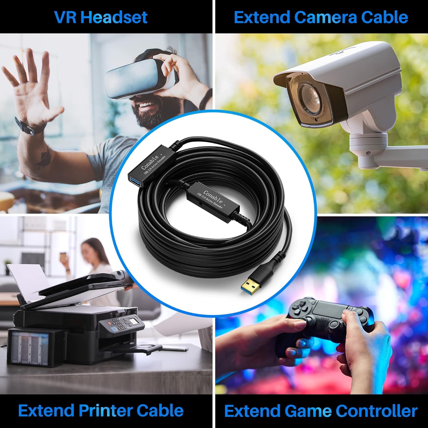 USB 3.0 Active Extension Cable 35 Feet, Long USB Type-A Male to Female Extender Cord, Built-in 2 Signal Booster Smart Chips, 5Gbps Transfer, for Printer, Xbox, Webcam, VR, Hard Drive, USB Hub and More