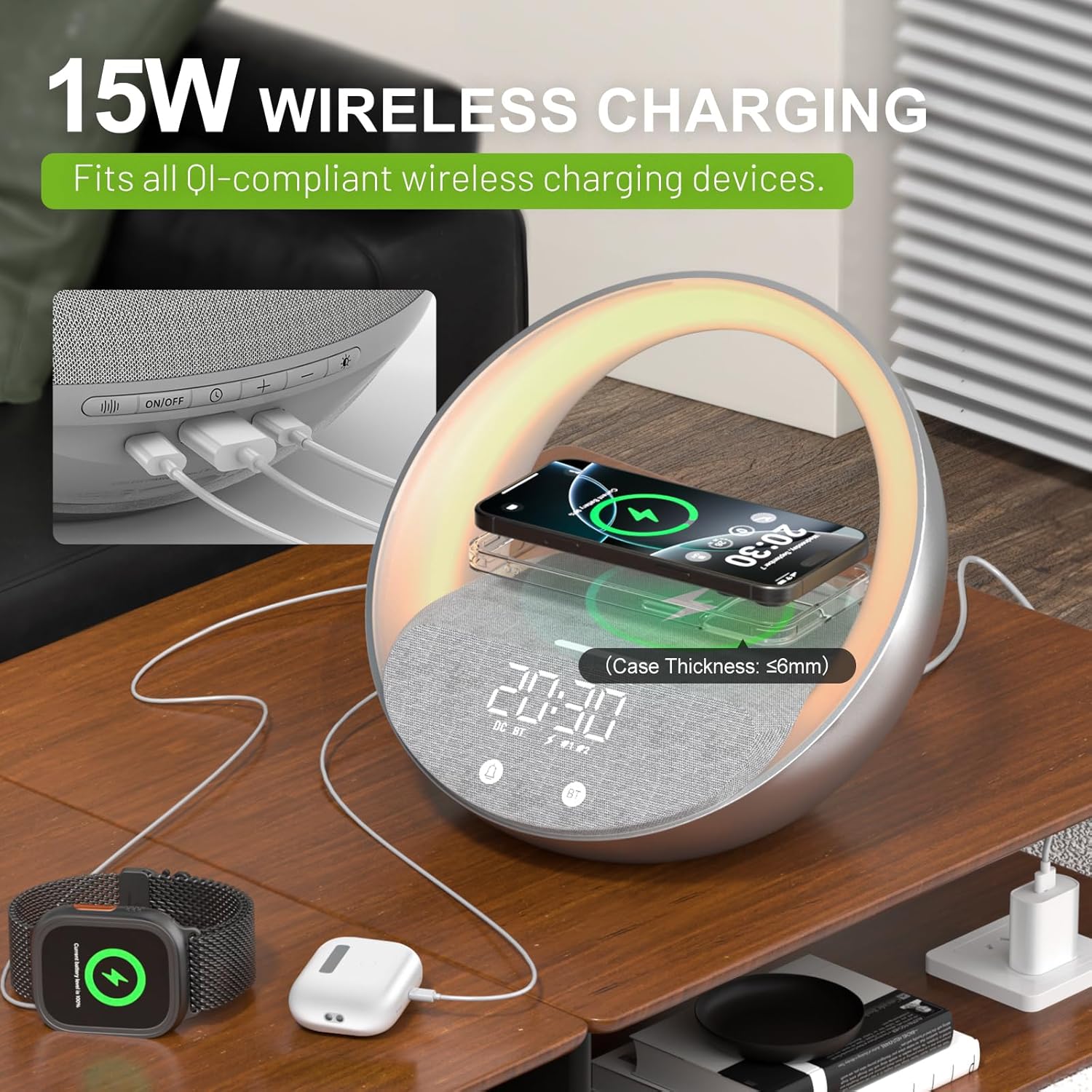 Bluetooth Alarm Clock, Sunrise Simulation Wake Up Night Light, 15W Fast Wireless Charging Alarm Clock for Bedroom, 10W Bluetooth Stereo Sound Speaker, USB Charger Port