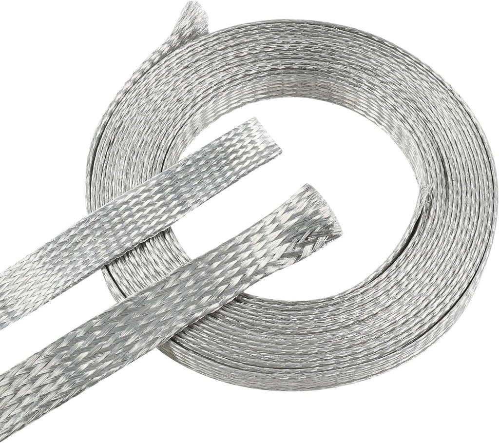 Tinned Copper Metal Braid Sleeving Wire Shielding Sleeve Braided Copper Ground Straps EMI/RFI Interference Expandable Flat Mesh Shielding Cable for Protect Wire (1/2inch-22ft)