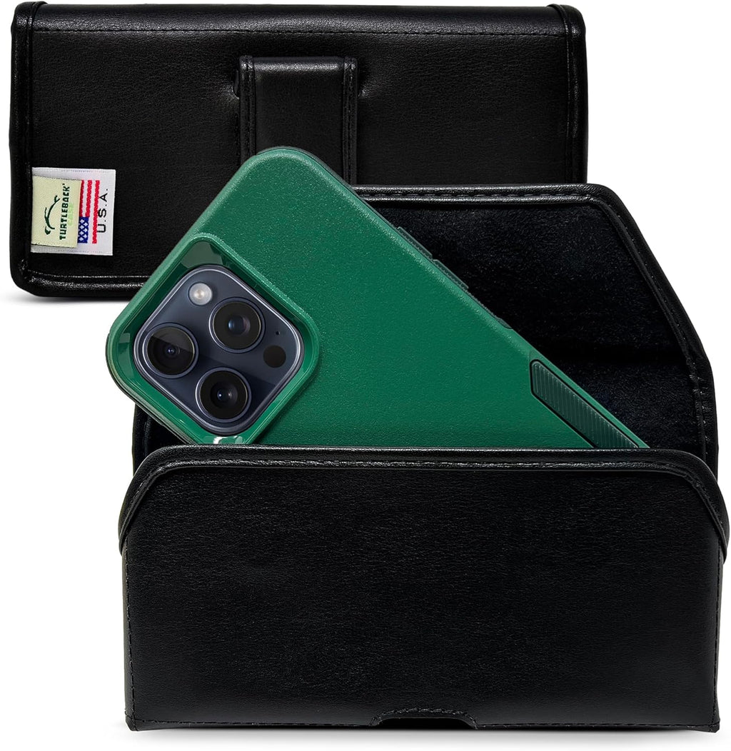 Turtleback Belt Holder for iPhone 16 Pro Max, 15 Pro Max, 14 Pro Max -Medium- Fits w/Shockproof Commuter Style Cases, Premium Black Leather Horizontal Case Magnetic Closure Leather Wrapped Clip