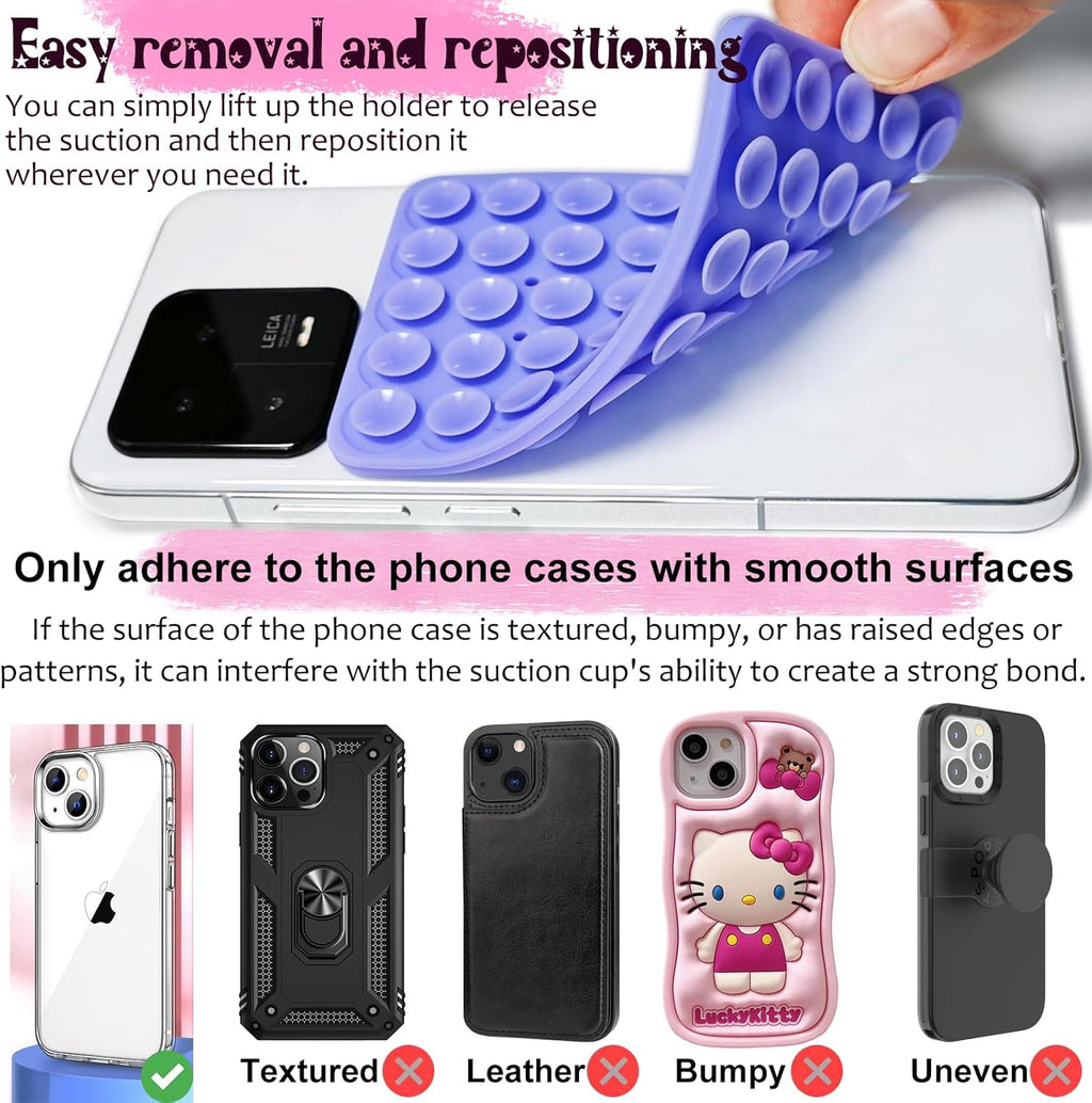 2 Pack Silicone Suction Cup Phone Case Mount Double Sided, Hands-Free Strong Grip Silicon Phone Holder, Non Slip Phone Accessories for Selfies and Videos (Lavender)