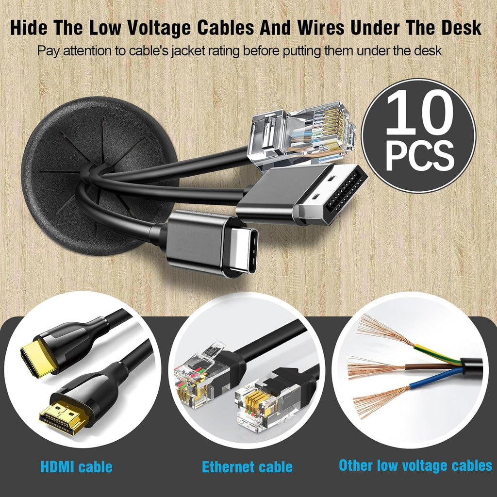 2" Black Desk Grommet, JTemgle Flexible Cable Grommet Rubber Cable Hole Cover Wire Organizer Caps Desktop Cord Management for Home Office TV Stands Tabletops, 10 Pieces