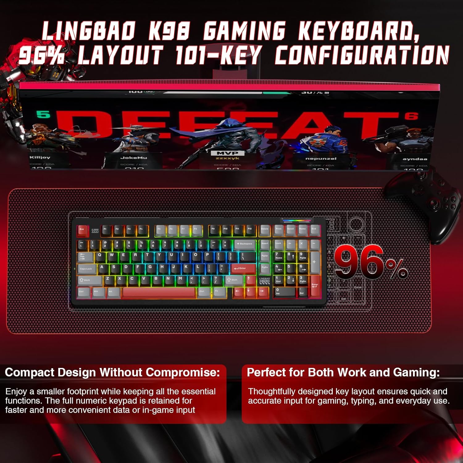 LINGBAO K98 Wireless Mechanical Gaming Keyboard, Tri-Mode BT5.0/2.4GHz/USB-C, Gasket Custom Hot-Swappable Linear Switches Mechanical Keyboards, RGB Backlit Gaming Keyboard for PC Laptop