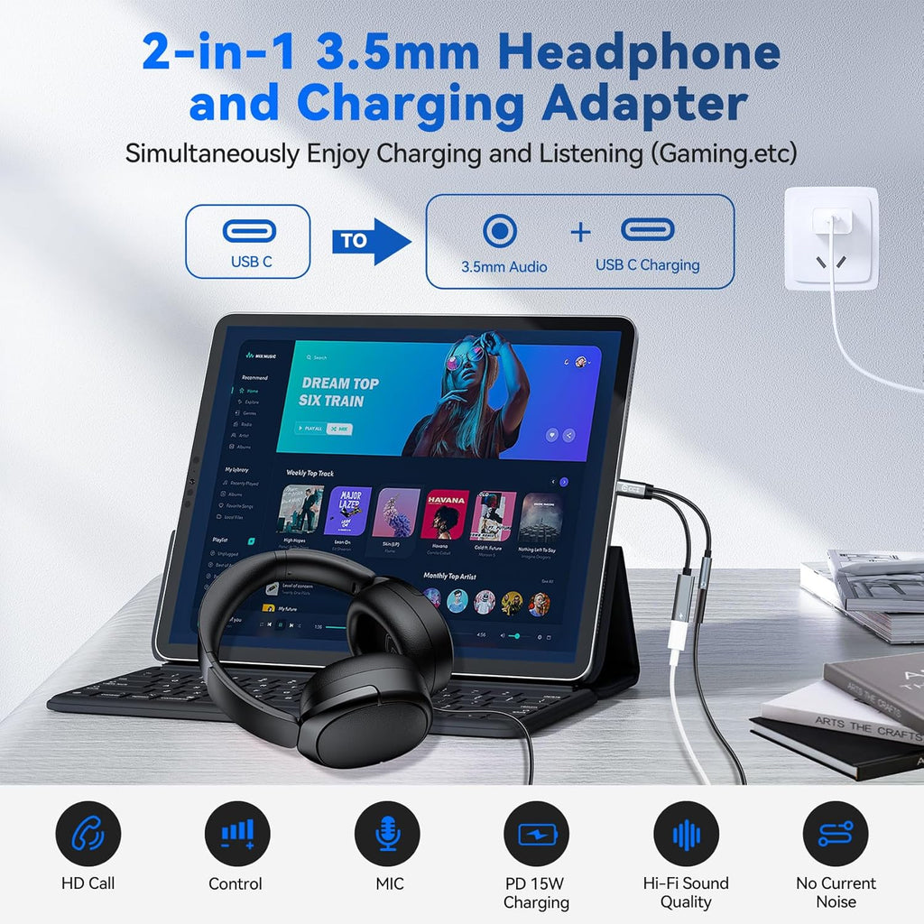 USB Type C to 3.5mm Headphone and Charger Adapter,2 in 1 USB C to Aux Audio Jack Hi-Res DAC with Charging for Earphones,Compatible with Samsung Galaxy S25/S24/S23/S22+ (USB-3.5MM, 1Pack)