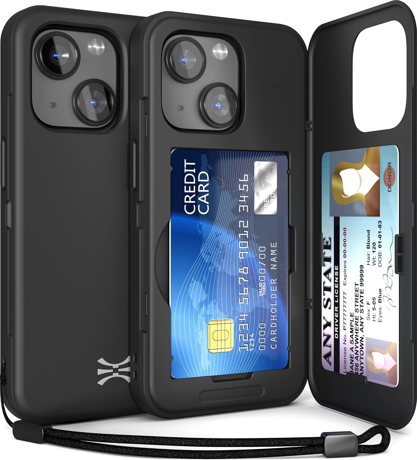 TORU CX Slim for iPhone 15 Case Wallet | Protective Shockproof Heavy Duty Cover with Hidden Card Holder & Card Slot | Mirror & Wrist Strap Included - Black