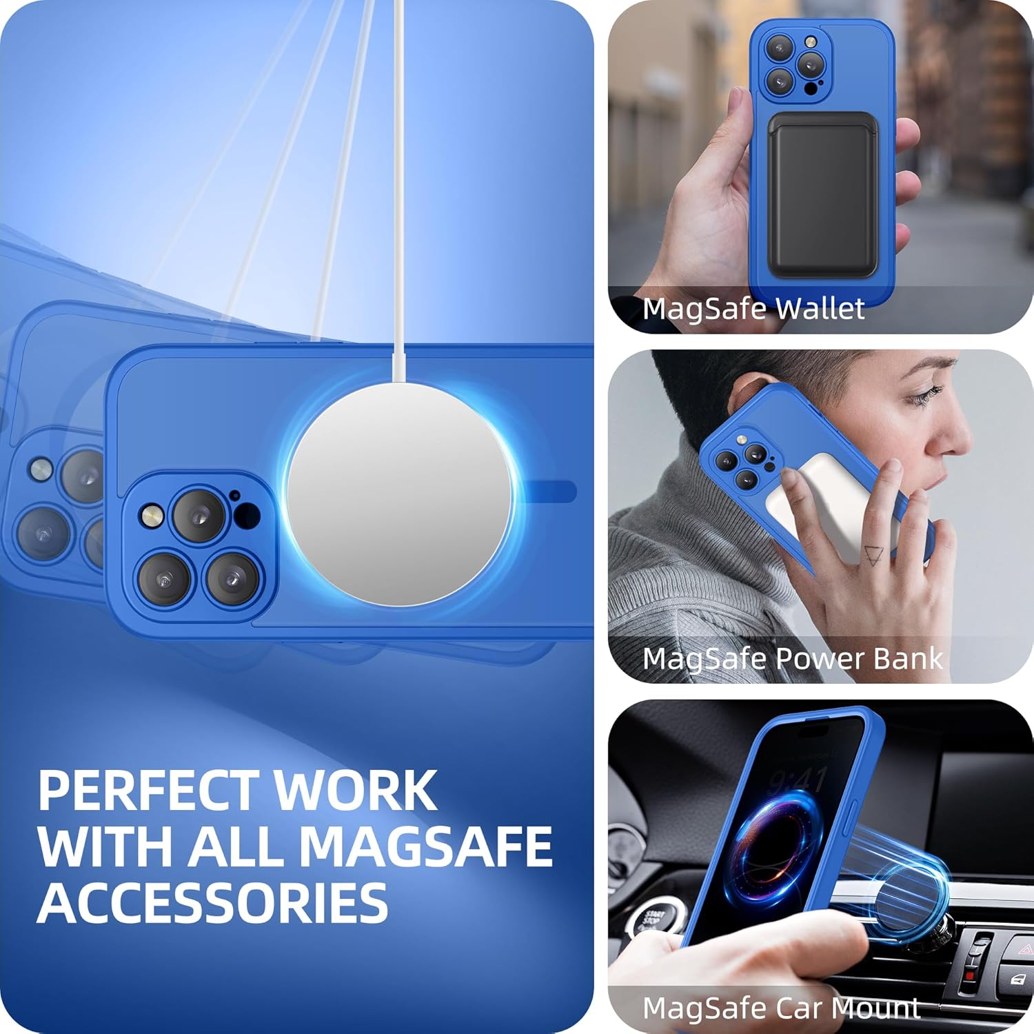 BERFY Magnetic for iPhone 14 Pro Max Case, Compatible with MagSafe, Built-in Privacy Screen Protector and Upgraded Camera Protection, Anti-Spy Full Body Shockproof Phone Case for 14 Pro Max,Klein Blue