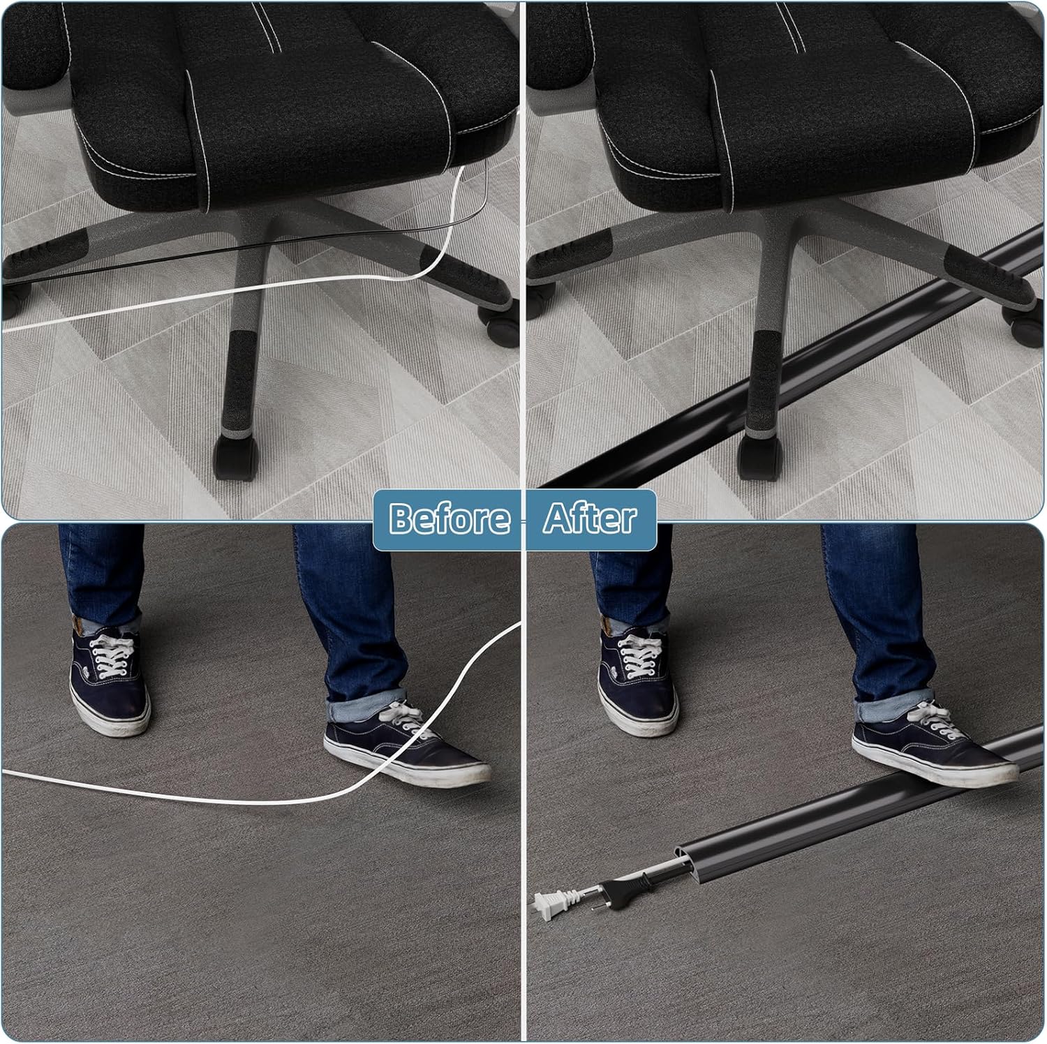 4ft Side Buckle Floor Cord Cover for Wires, Selfadhesive Extension Cord Hider Easy Floor Cable Management Prevent Cable Trips,Silicone Floor Wire Covers for Cords, Cable Protector Cord Cavity（Black）